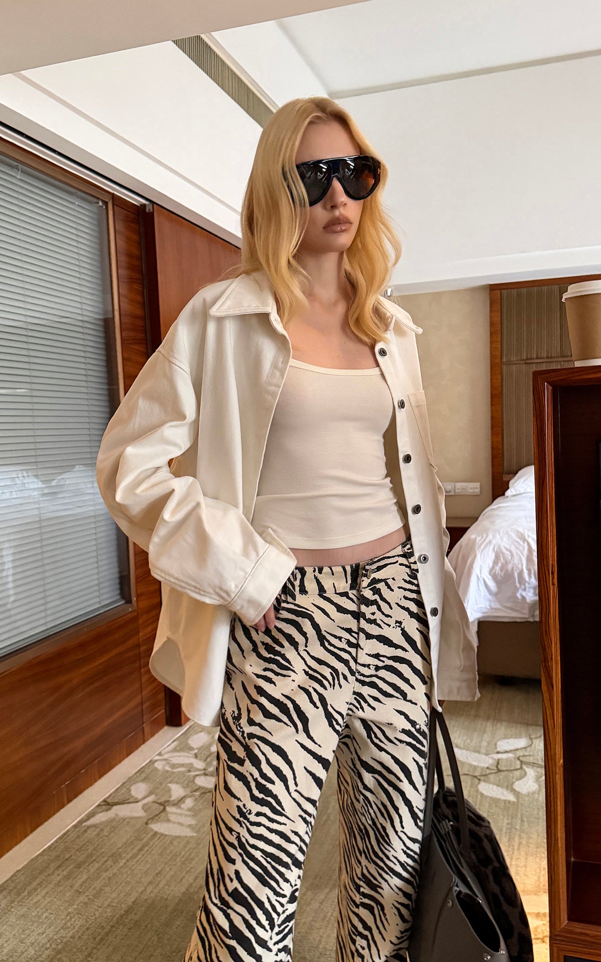 0122stepll Zebra Print Low-Rise Wide-Leg Denim Pants