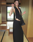 0122stepll Haut halter à décolleté plongeant & Ensemble jupe maxi à taille basse