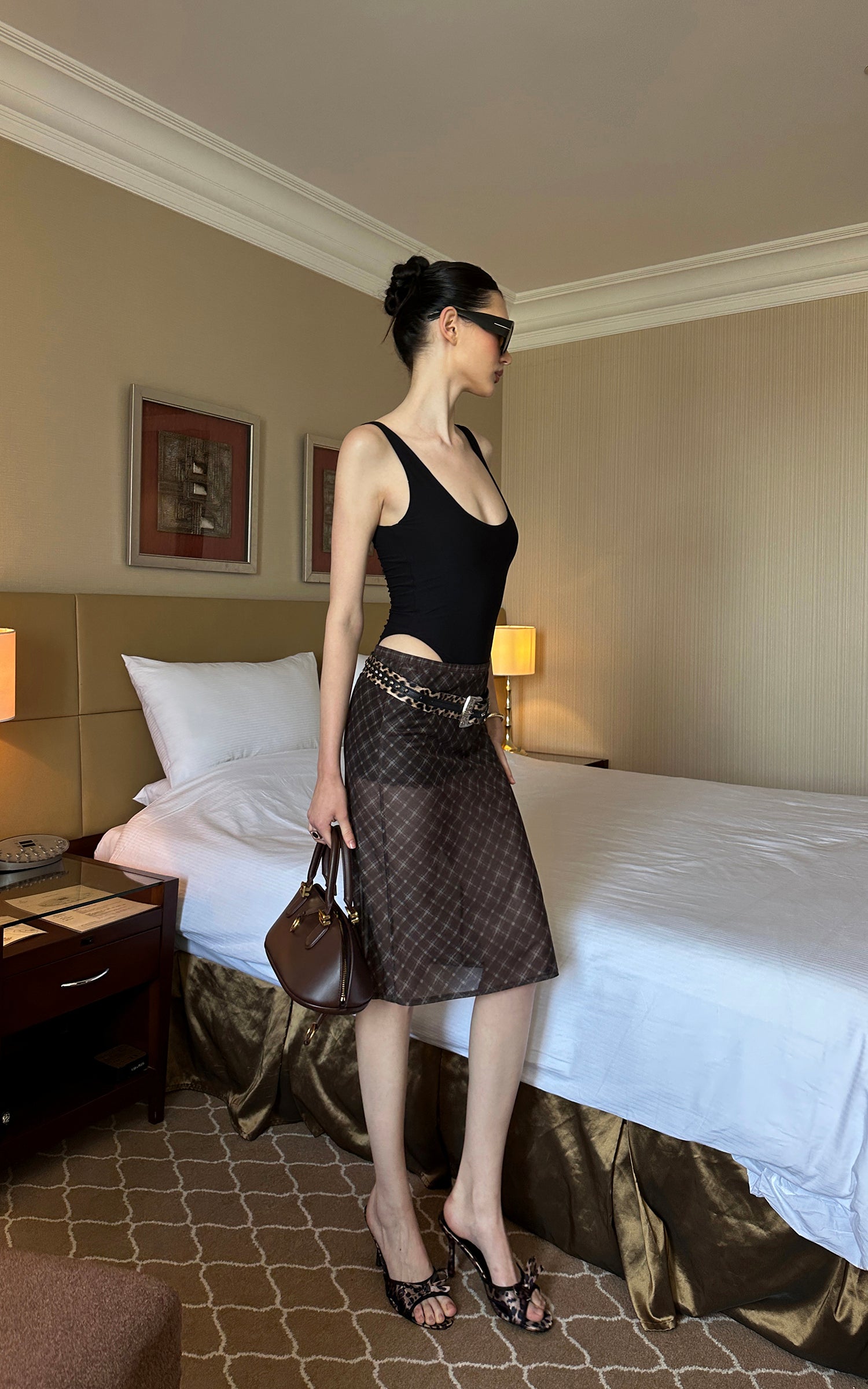 0122stepll Sheer Checkered Mesh Midi Skirt