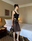 0122stepll Sheer Checkered Mesh Midi Skirt