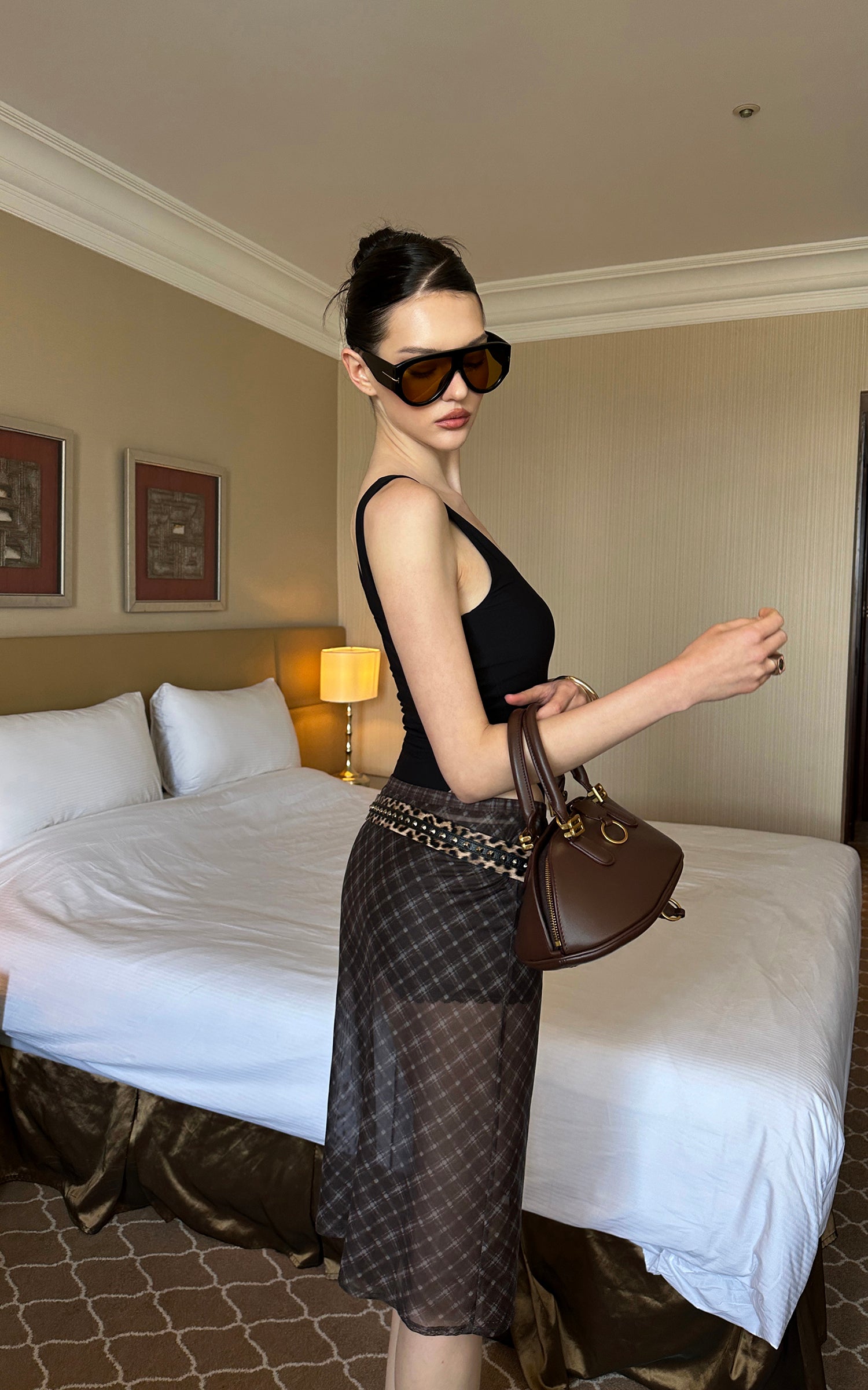 0122stepll Sheer Checkered Mesh Midi Skirt