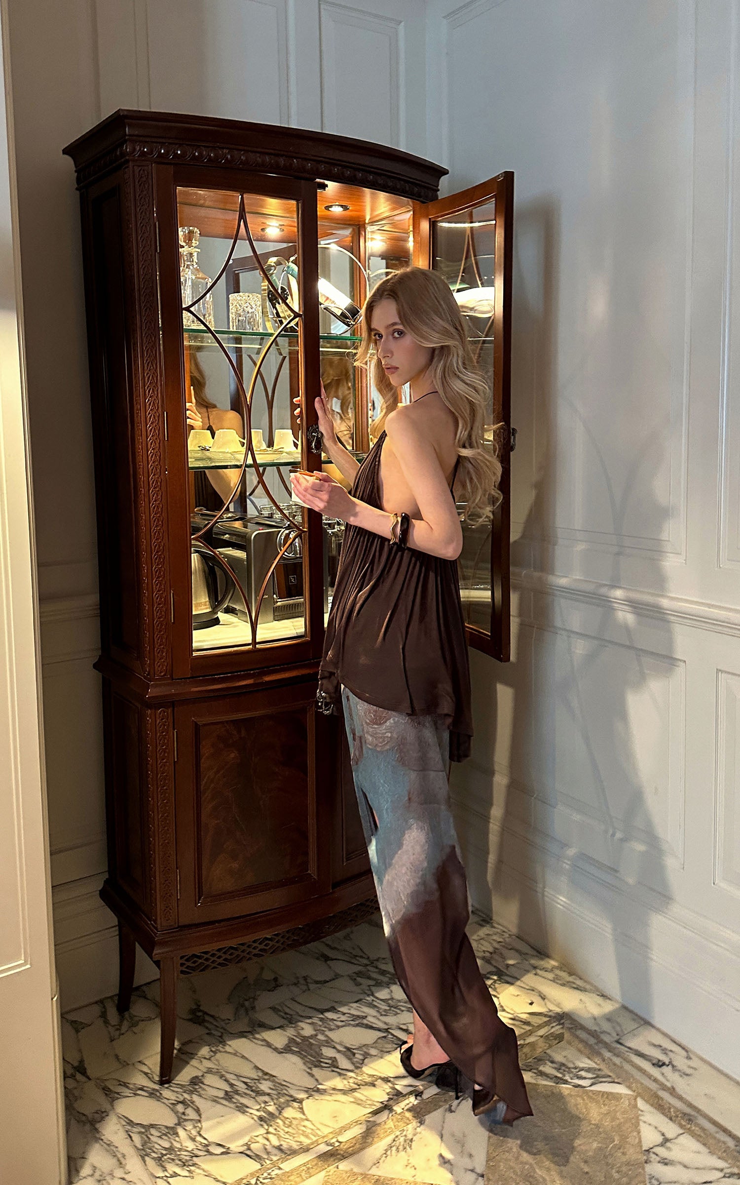 0122stepll Sheer Printed Draped Maxi Skirt