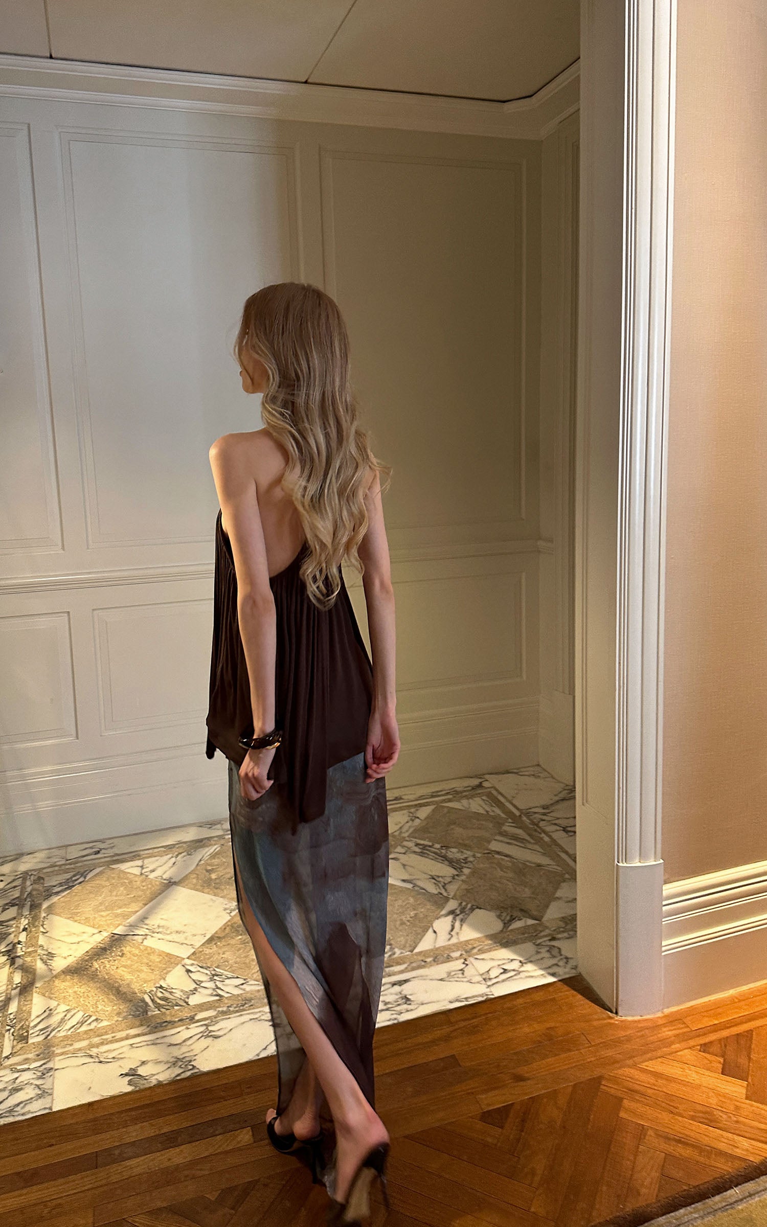 0122stepll Sheer Printed Draped Maxi Skirt