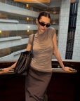 0122stepll Draped Ruched Slim Fit Top
