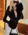 0122stepll Faux Fur Collar Plunge Bodysuit