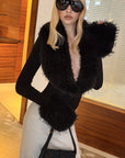 0122stepll Faux Fur Collar Plunge Bodysuit
