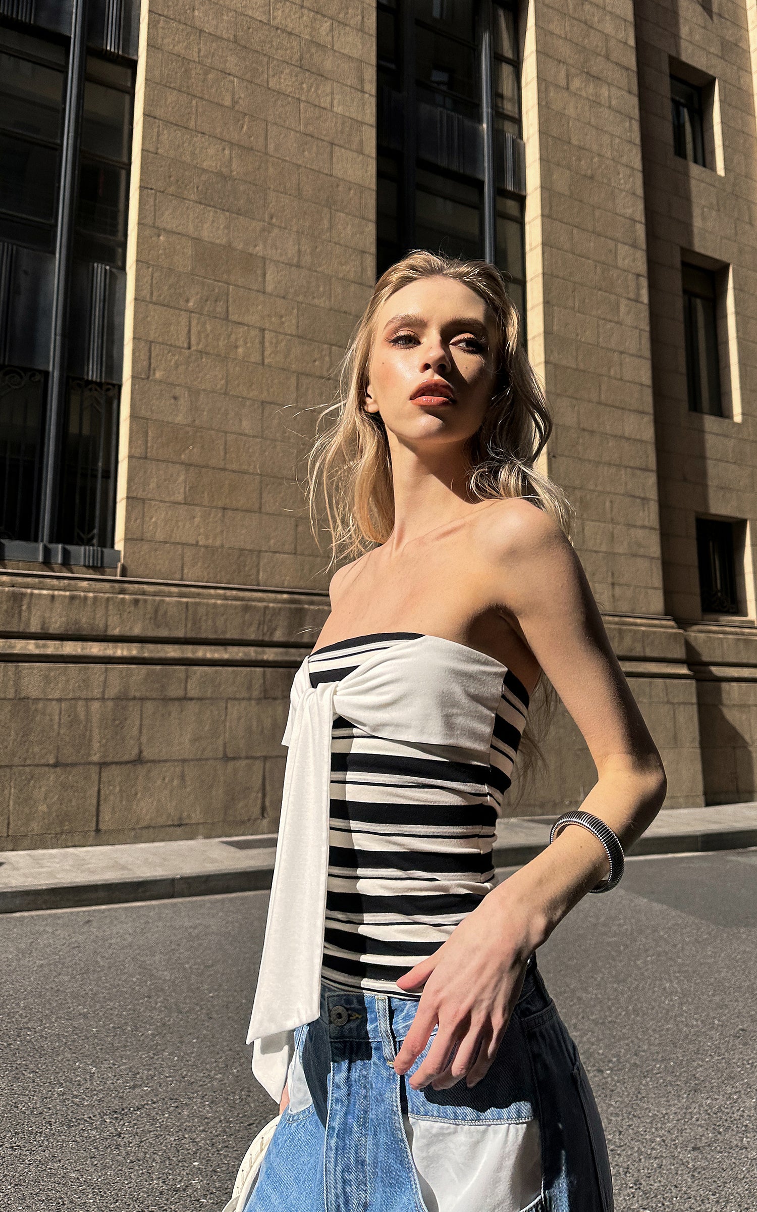 0122stepll Contrast Scarf Stripe Tube Top