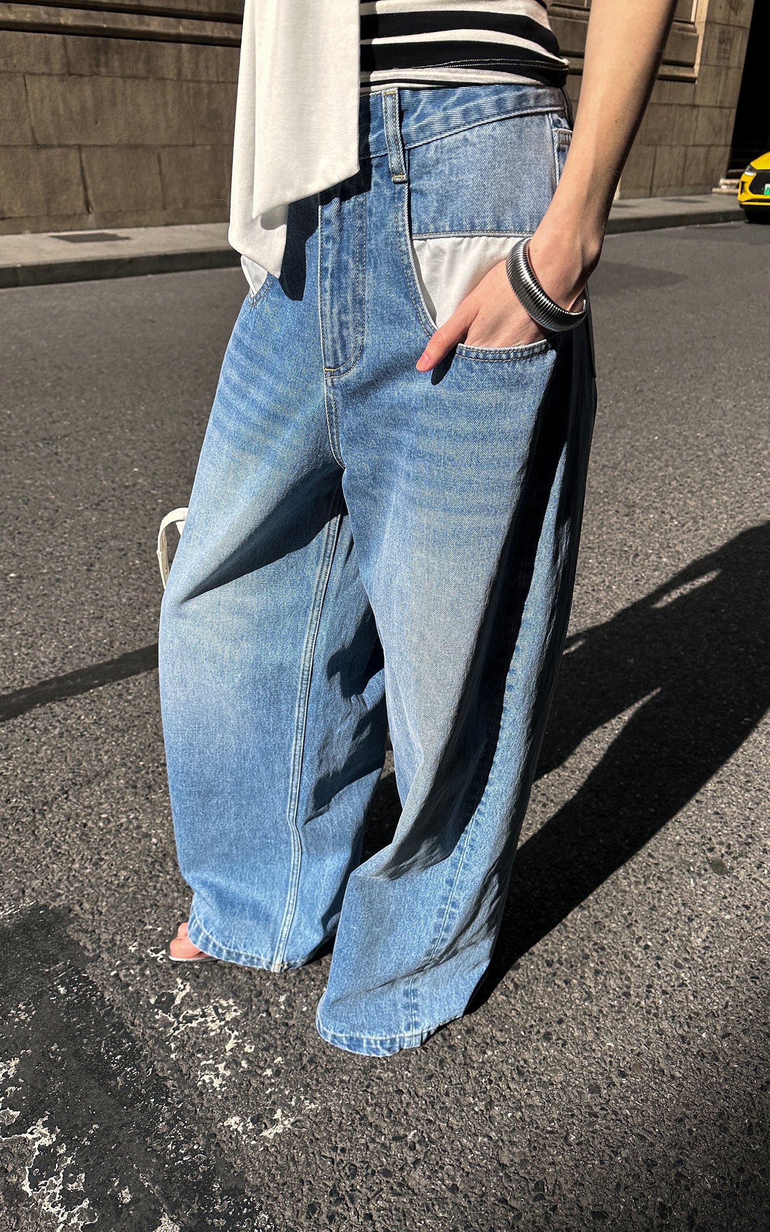 0122stepll Contrast Pocket Wide-Leg Denim Pants