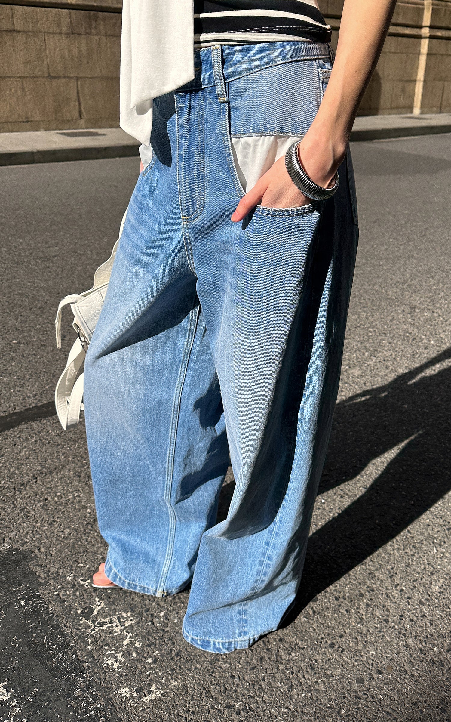 0122stepll Contrast Pocket Wide-Leg Denim Pants