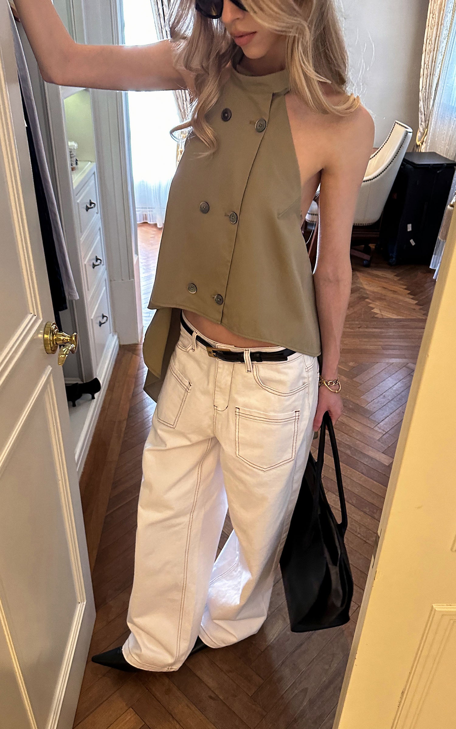 0122stepll Contrast Stitch Wide Leg Denim Pants