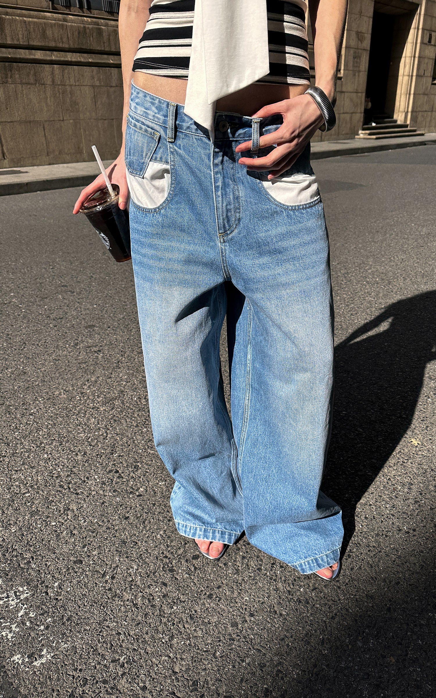 0122stepll Contrast Pocket Wide-Leg Denim Pants