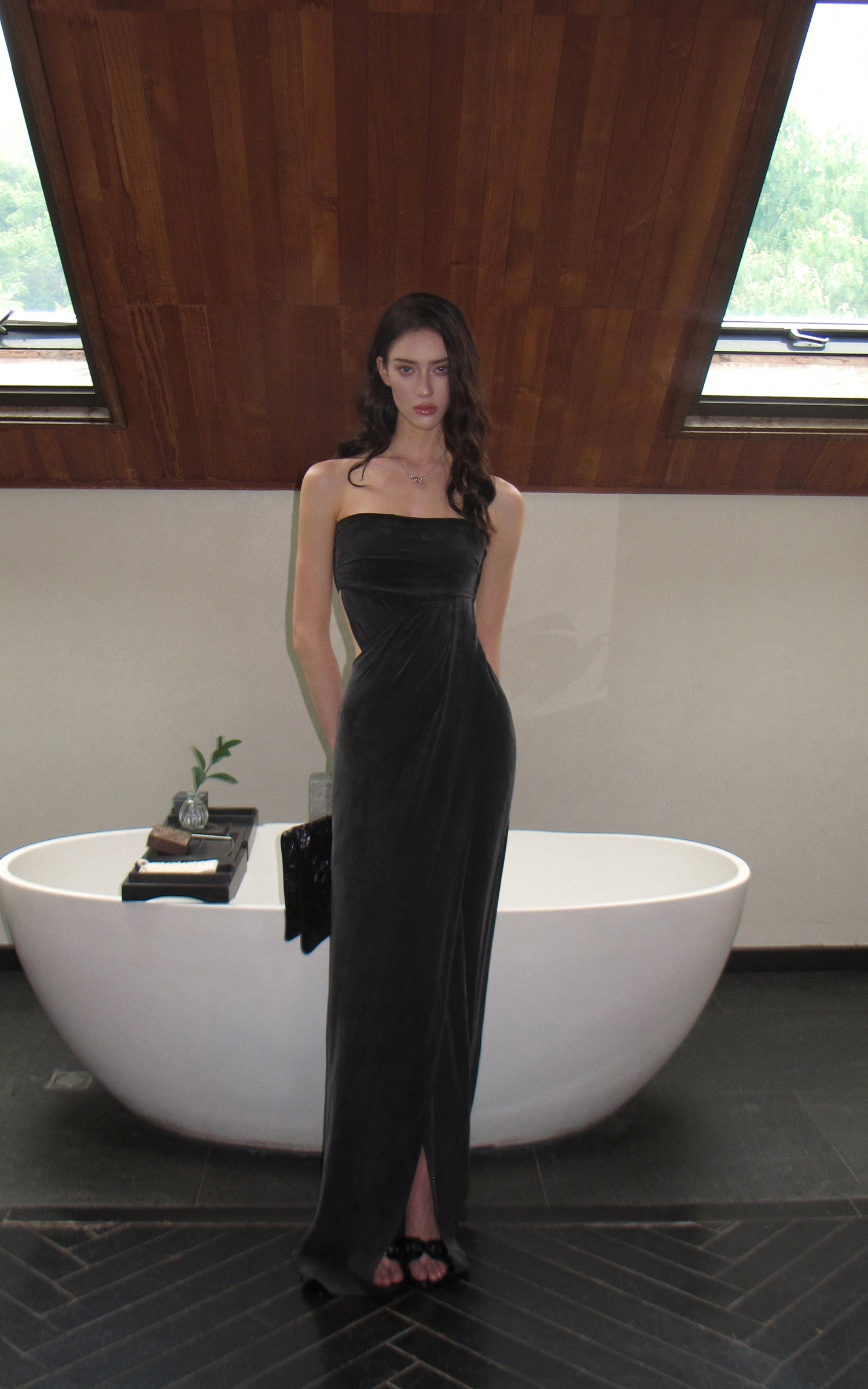 0122stepll Strapless Draped Cut-Out Maxi Dress