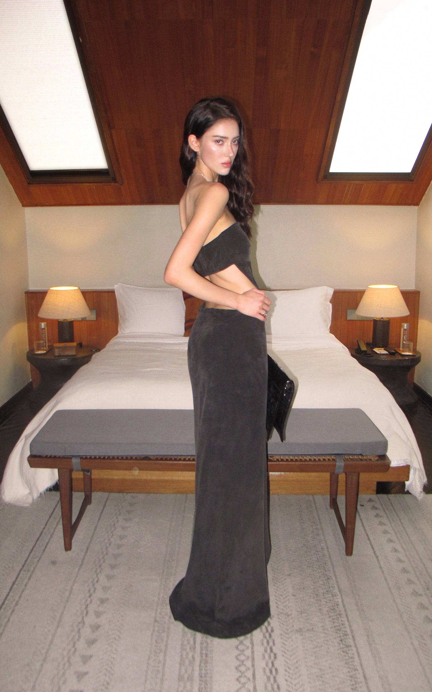 0122stepll Strapless Draped Cut-Out Maxi Dress