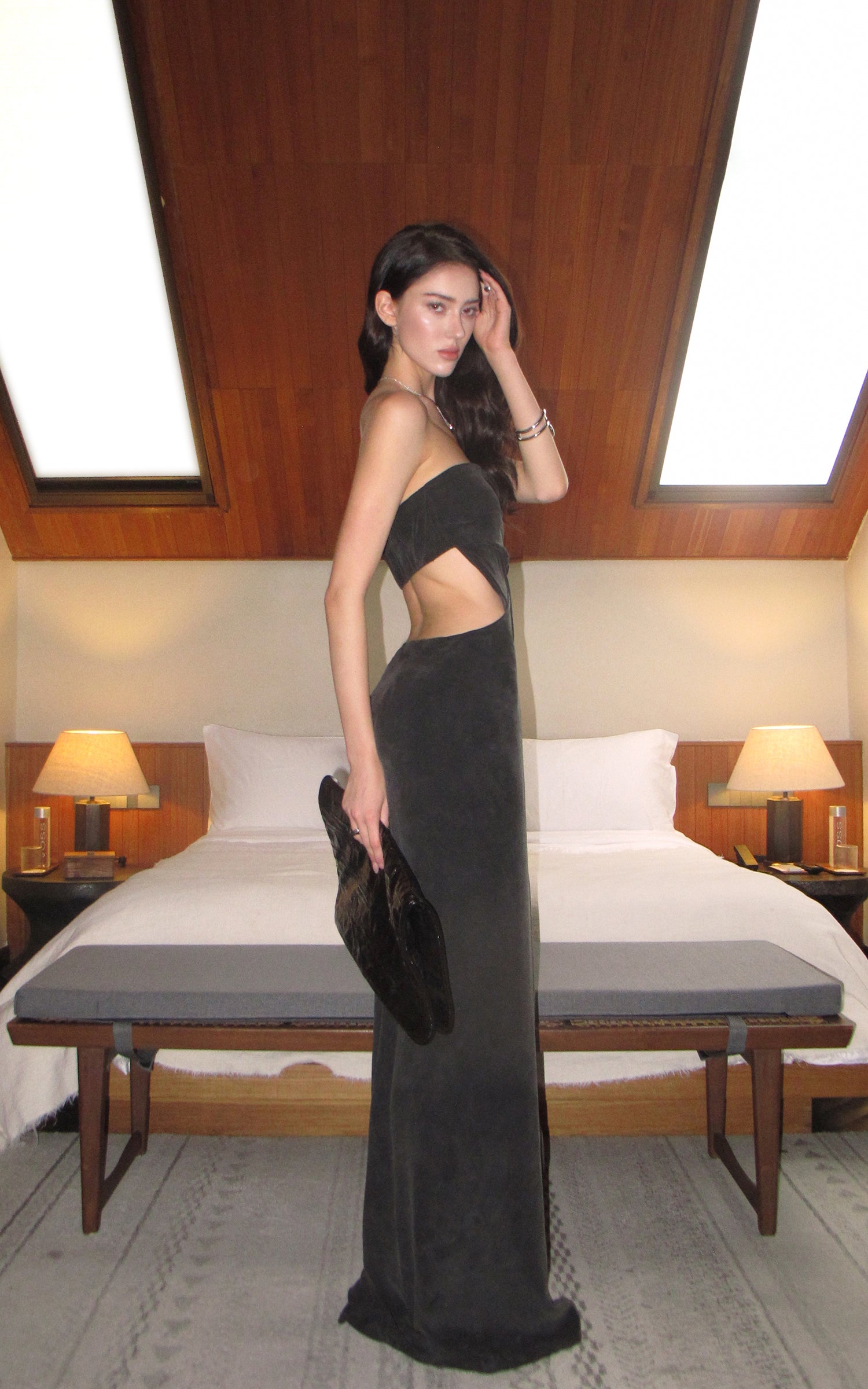 0122stepll Strapless Draped Cut-Out Maxi Dress