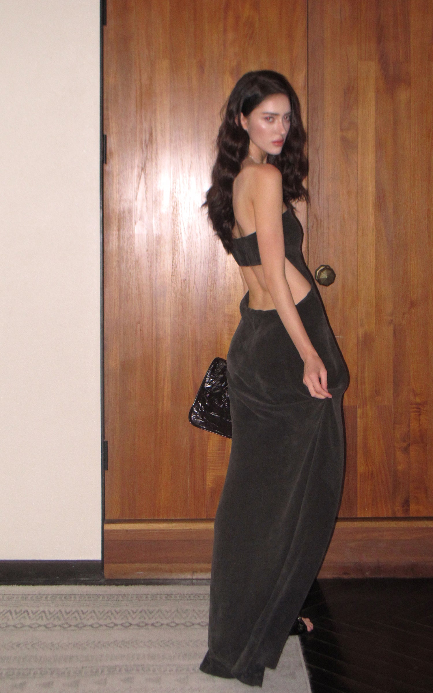 0122stepll Strapless Draped Cut-Out Maxi Dress