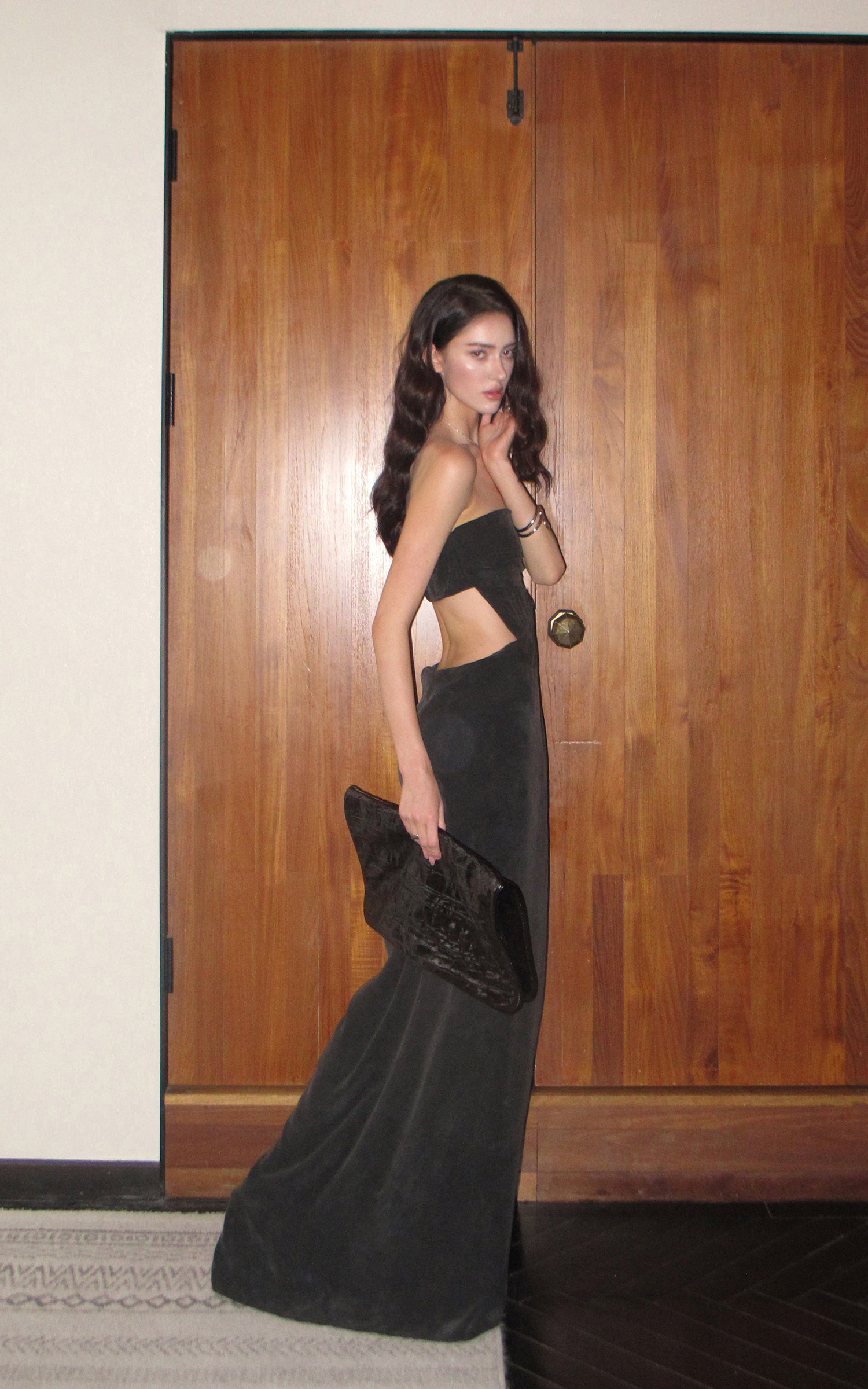 0122stepll Strapless Draped Cut-Out Maxi Dress