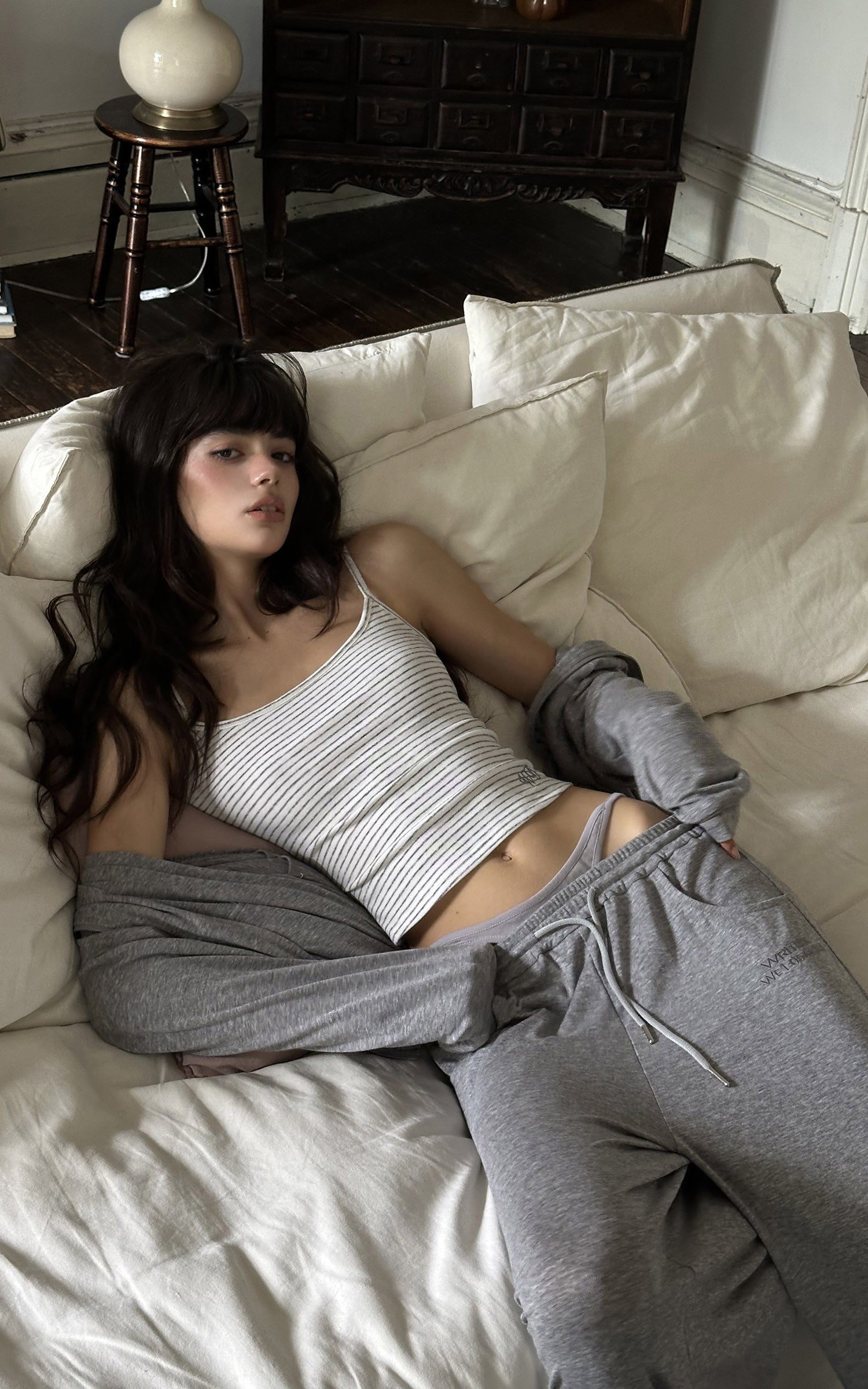 WARDEN EDGE Minimal Lounge Three Piece Set with Zip-Up Hoodie, Striped Cropped Camisole and Wide Leg Sweatpants