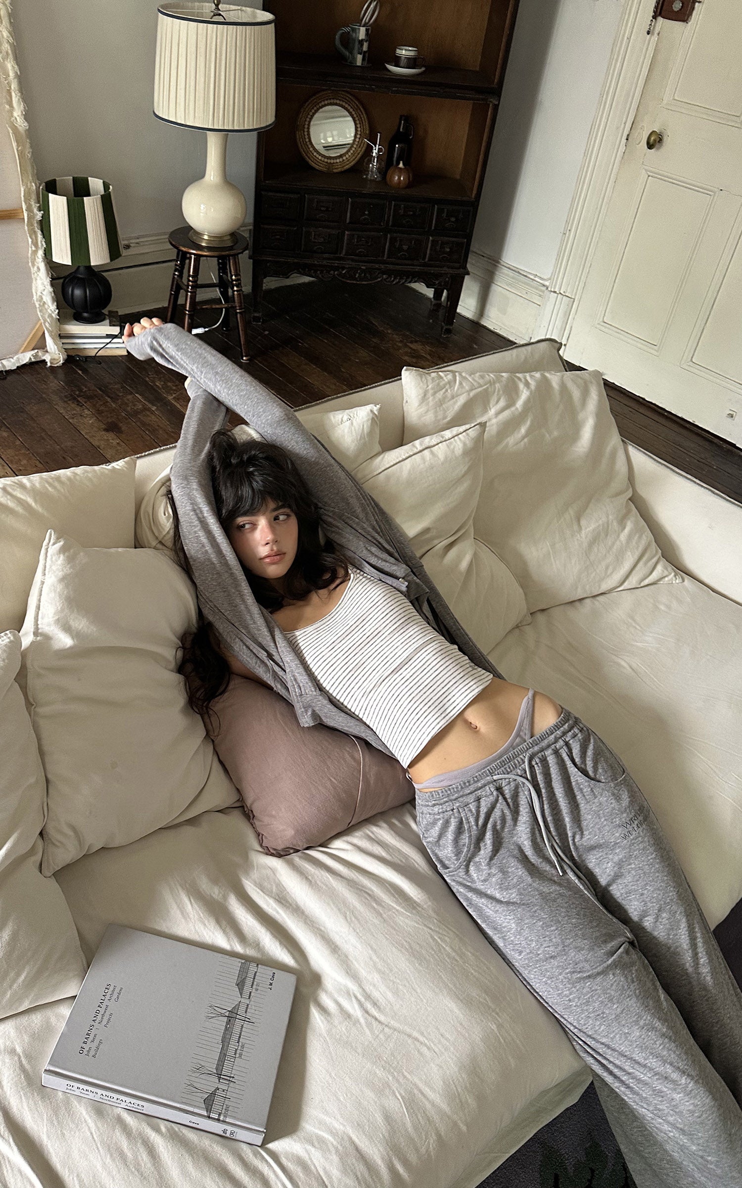 WARDEN EDGE Minimal Lounge Three Piece Set with Zip-Up Hoodie, Striped Cropped Camisole and Wide Leg Sweatpants