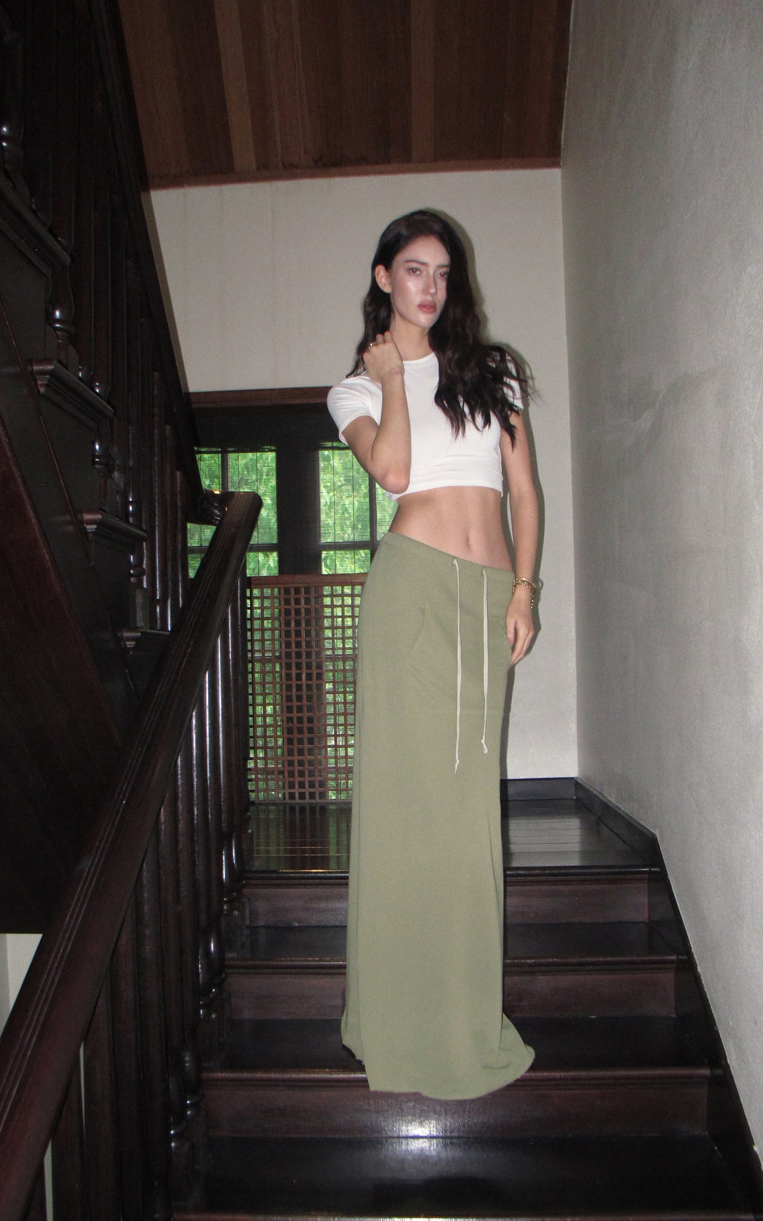 0122stepll Fitted Tee &amp; Drawstring Maxi Skirt Set