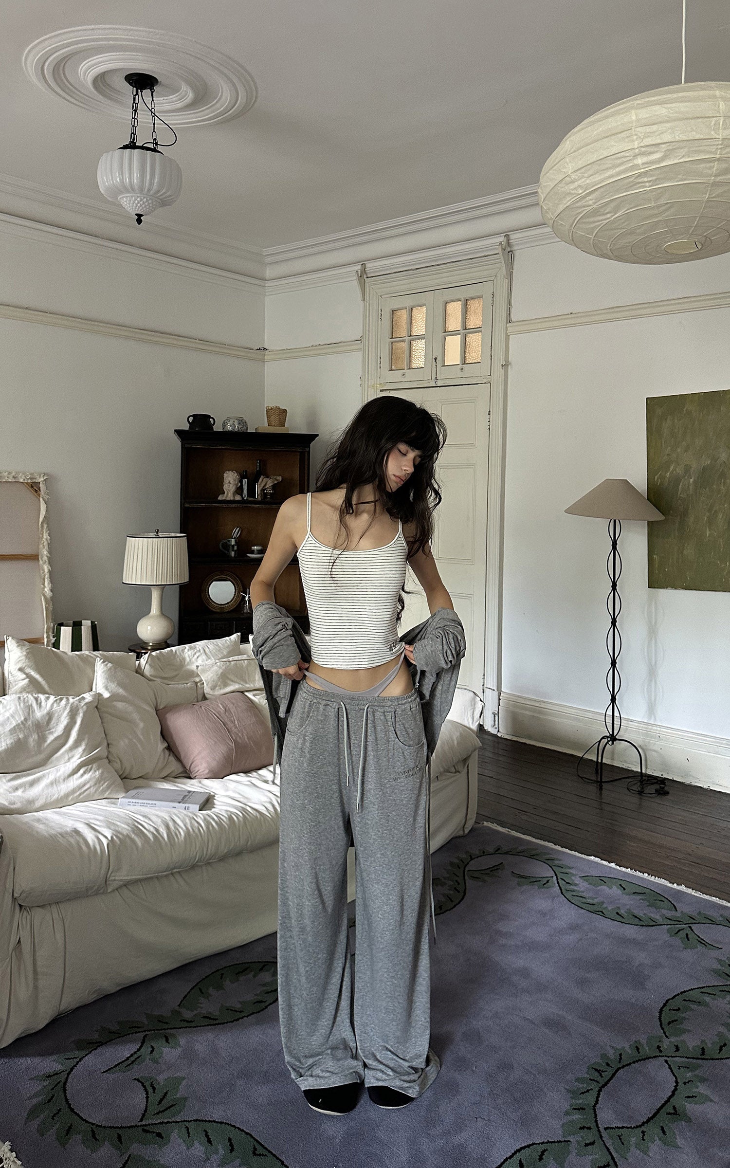 WARDEN EDGE Minimal Lounge Three Piece Set with Zip-Up Hoodie, Striped Cropped Camisole and Wide Leg Sweatpants