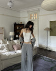 WARDEN EDGE Minimal Lounge Three Piece Set with Zip-Up Hoodie, Striped Cropped Camisole and Wide Leg Sweatpants