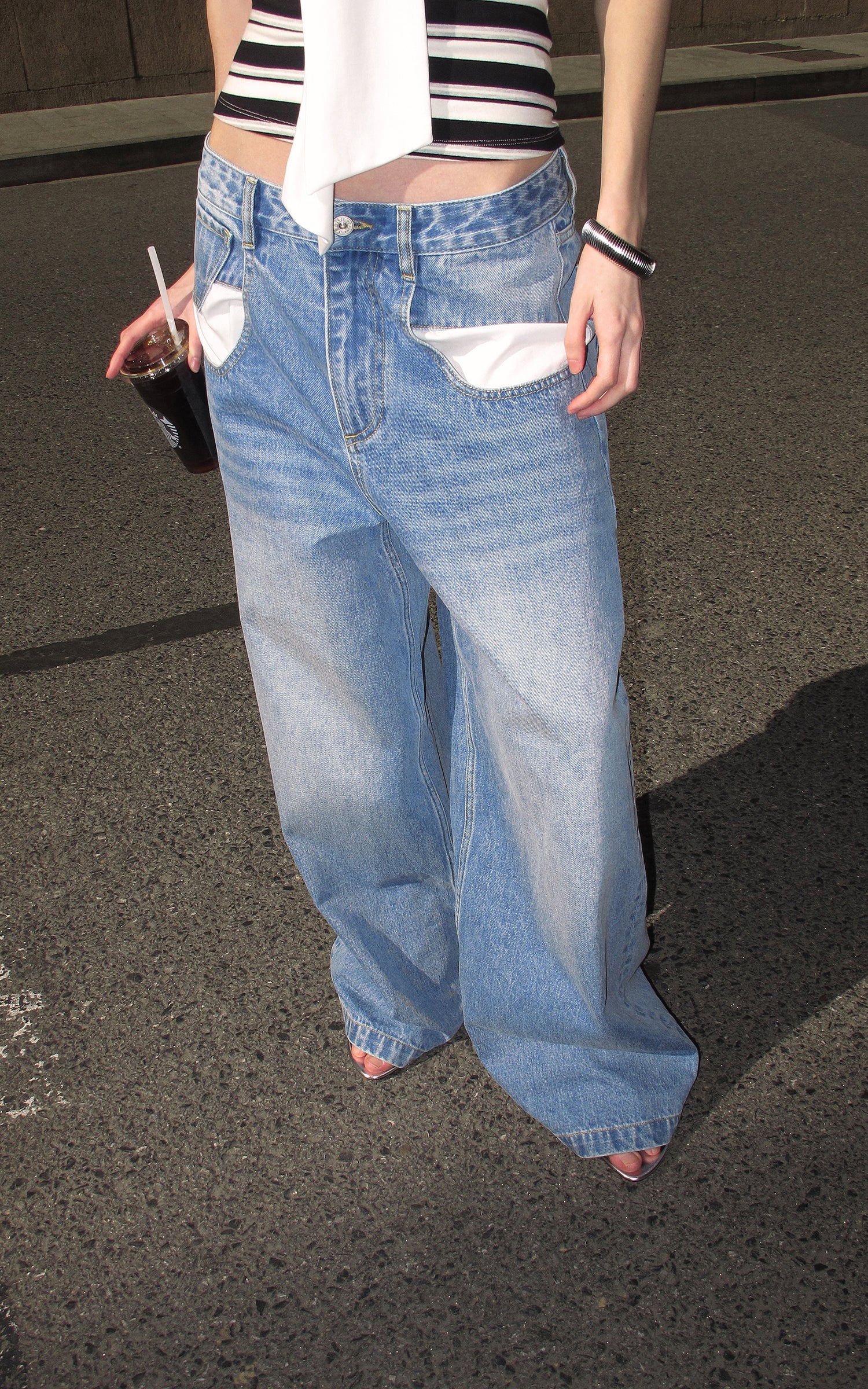 0122stepll Contrast Pocket Wide-Leg Denim Pants