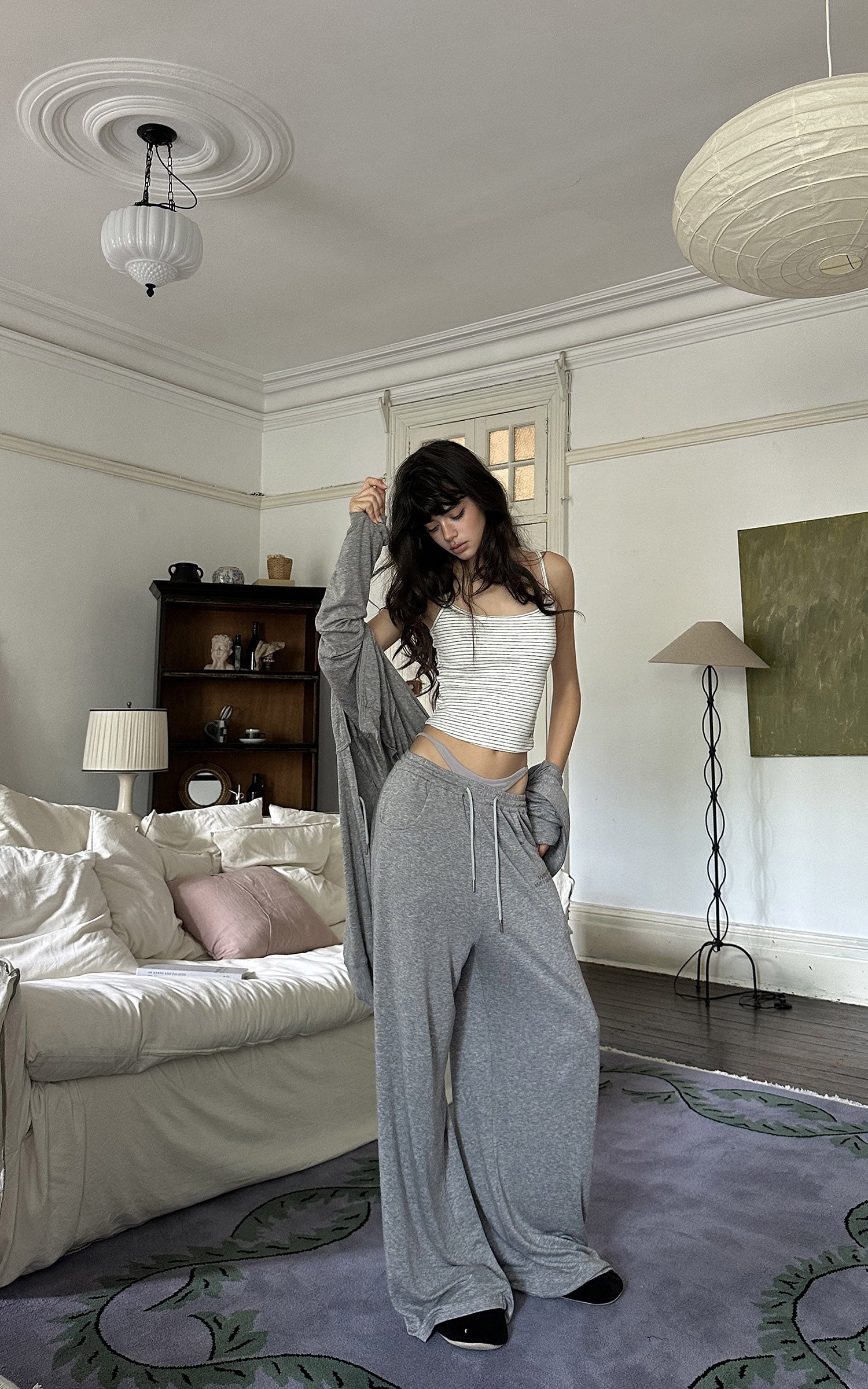 WARDEN EDGE Minimal Lounge Three Piece Set with Zip-Up Hoodie, Striped Cropped Camisole and Wide Leg Sweatpants