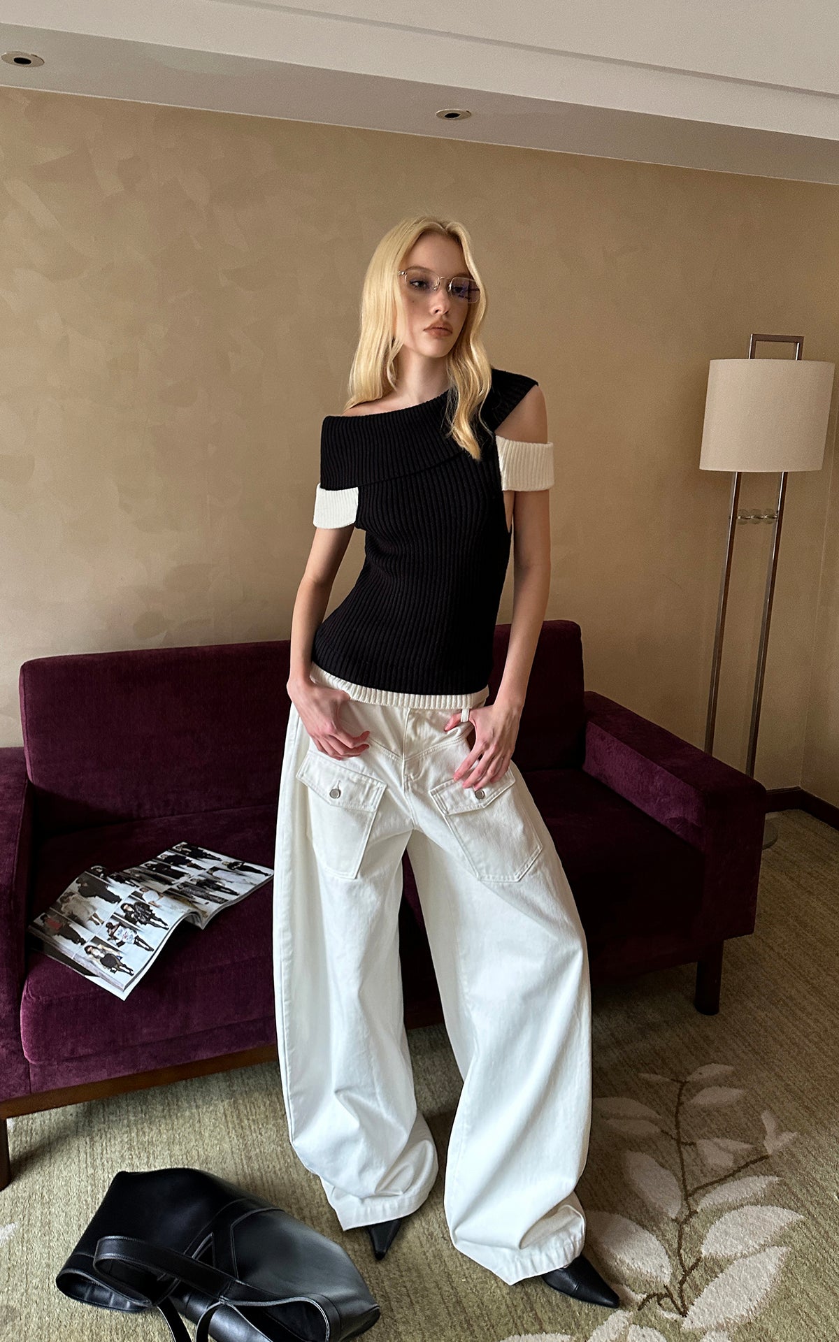 0122stepll Contrast Deconstructed Off-Shoulder Knit Top
