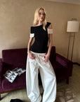 0122stepll Contrast Deconstructed Off-Shoulder Knit Top
