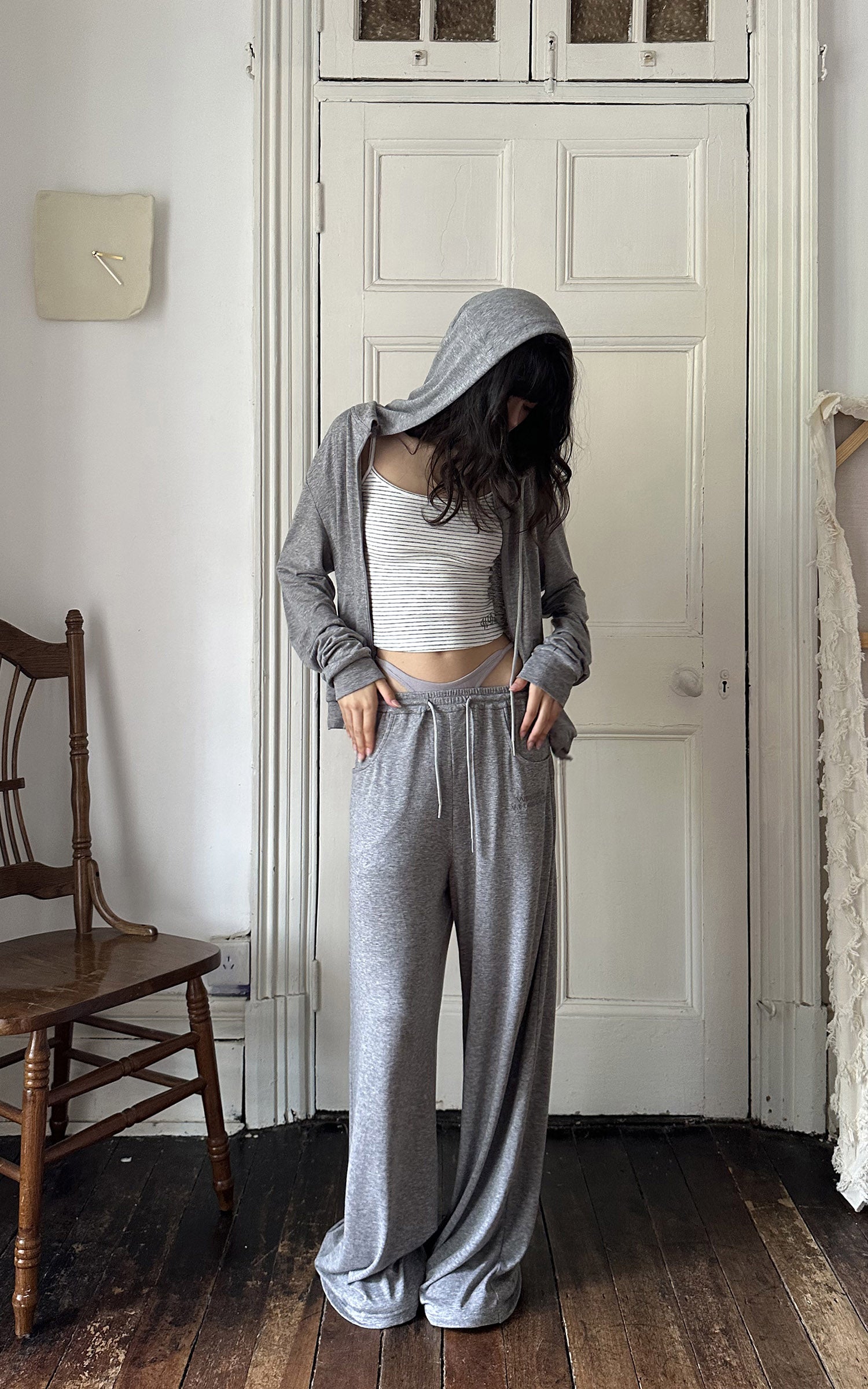 WARDEN EDGE Minimal Lounge Three Piece Set with Zip-Up Hoodie, Striped Cropped Camisole and Wide Leg Sweatpants