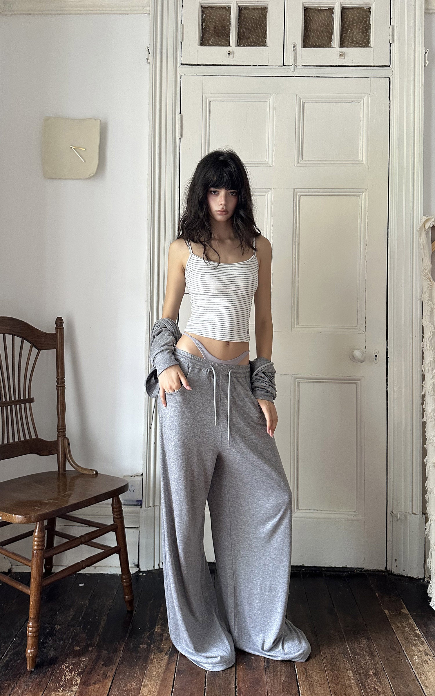 WARDEN EDGE Minimal Lounge Three Piece Set with Zip-Up Hoodie, Striped Cropped Camisole and Wide Leg Sweatpants