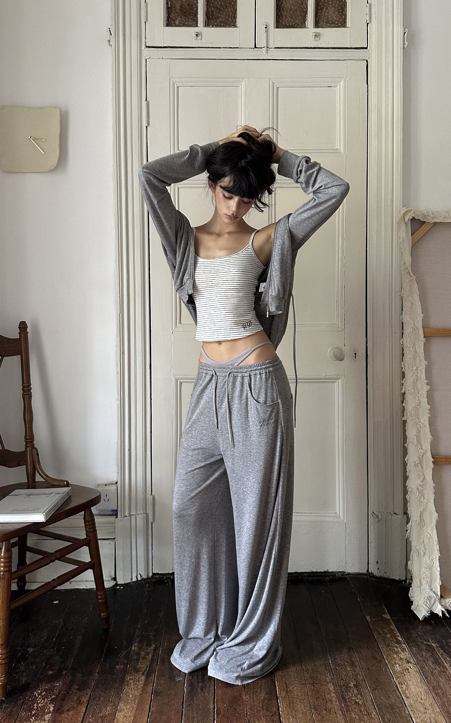 WARDEN EDGE Minimal Lounge Three Piece Set with Zip-Up Hoodie, Striped Cropped Camisole and Wide Leg Sweatpants