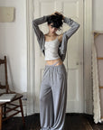 WARDEN EDGE Minimal Lounge Three Piece Set with Zip-Up Hoodie, Striped Cropped Camisole and Wide Leg Sweatpants
