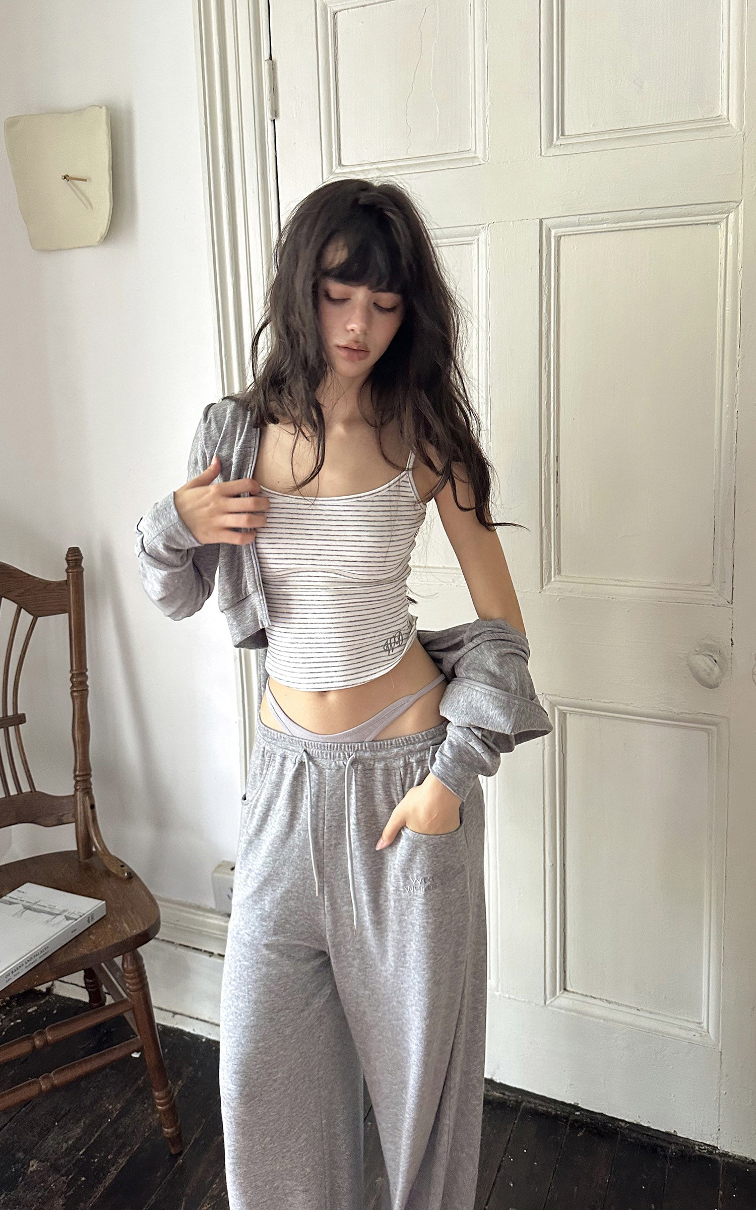 WARDEN EDGE Minimal Lounge Three Piece Set with Zip-Up Hoodie, Striped Cropped Camisole and Wide Leg Sweatpants