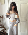 WARDEN EDGE Minimal Lounge Three Piece Set with Zip-Up Hoodie, Striped Cropped Camisole and Wide Leg Sweatpants