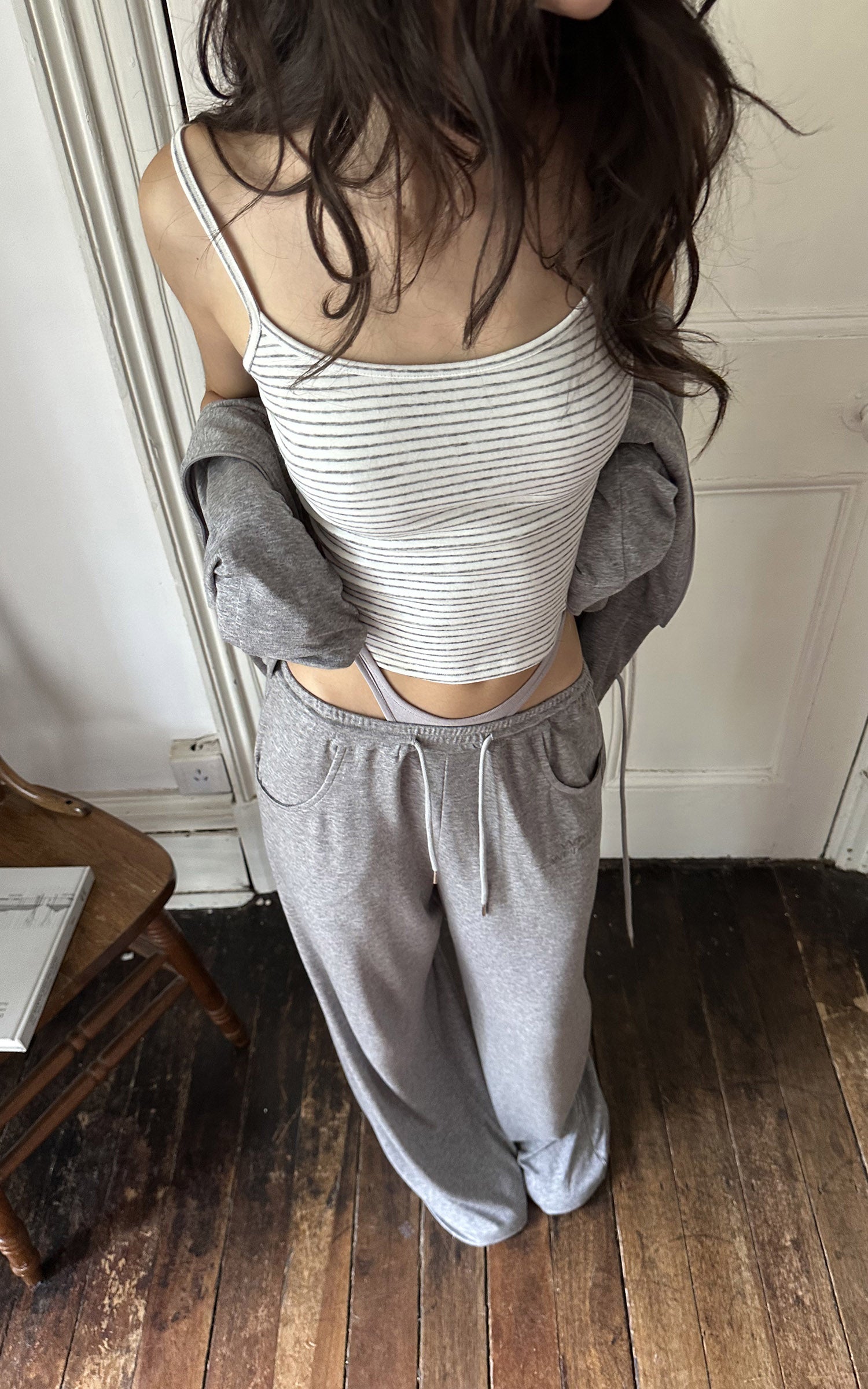 WARDEN EDGE Minimal Lounge Three Piece Set with Zip-Up Hoodie, Striped Cropped Camisole and Wide Leg Sweatpants