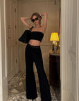 0122stepll Strapless Tube Top & Lace Waist Wide-Leg Pants Set