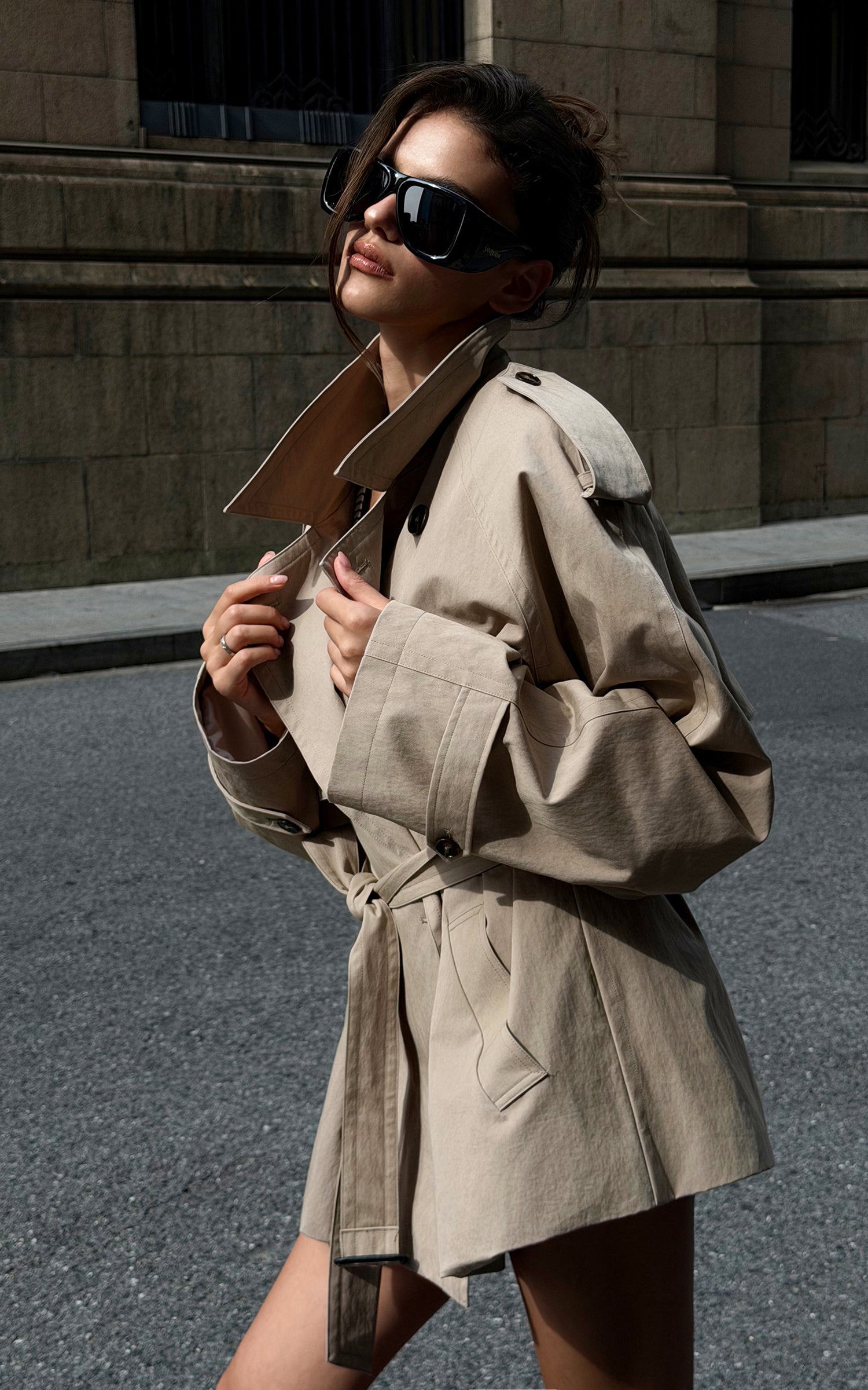 0122stepll Oversized Belted Short Trench Coat