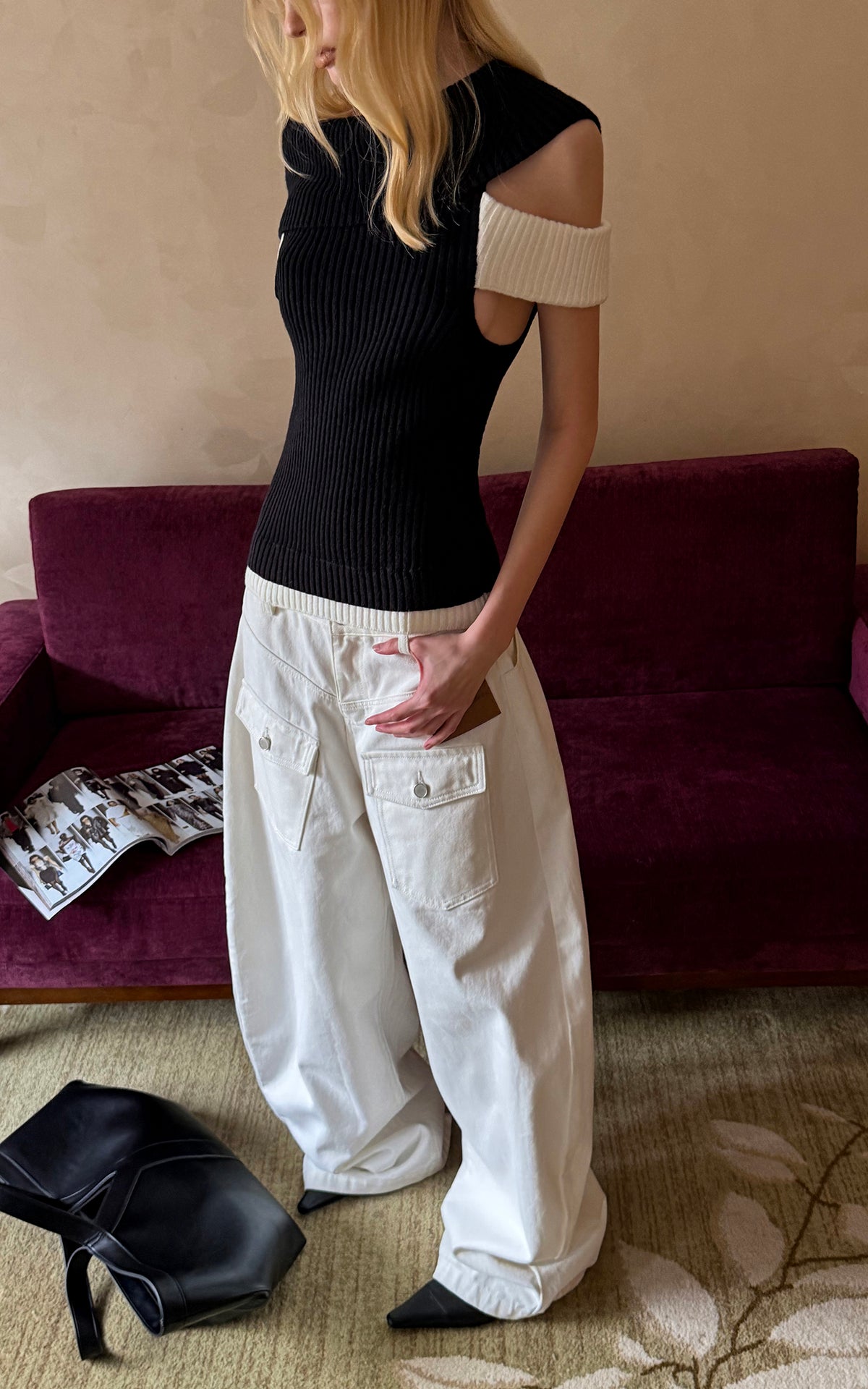 0122stepll Contrast Deconstructed Off-Shoulder Knit Top