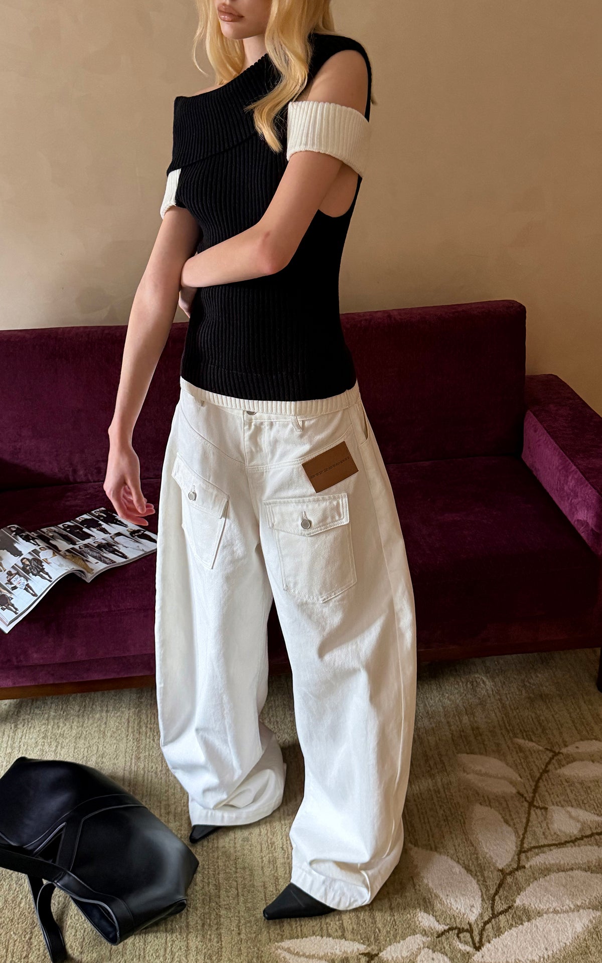 0122stepll Contrast Deconstructed Off-Shoulder Knit Top