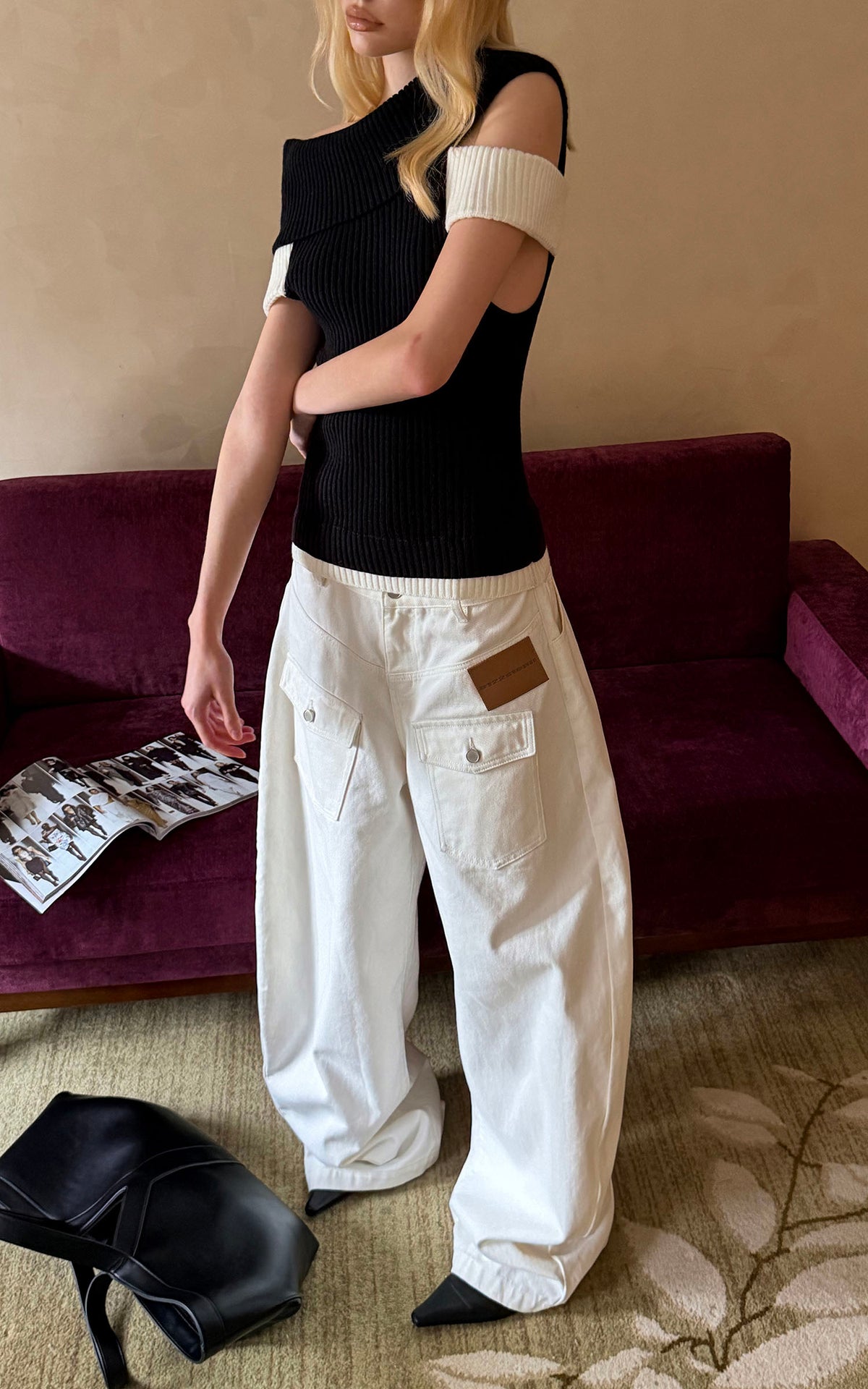 0122stepll Low-Rise Cargo Wide-Leg Denim Pants