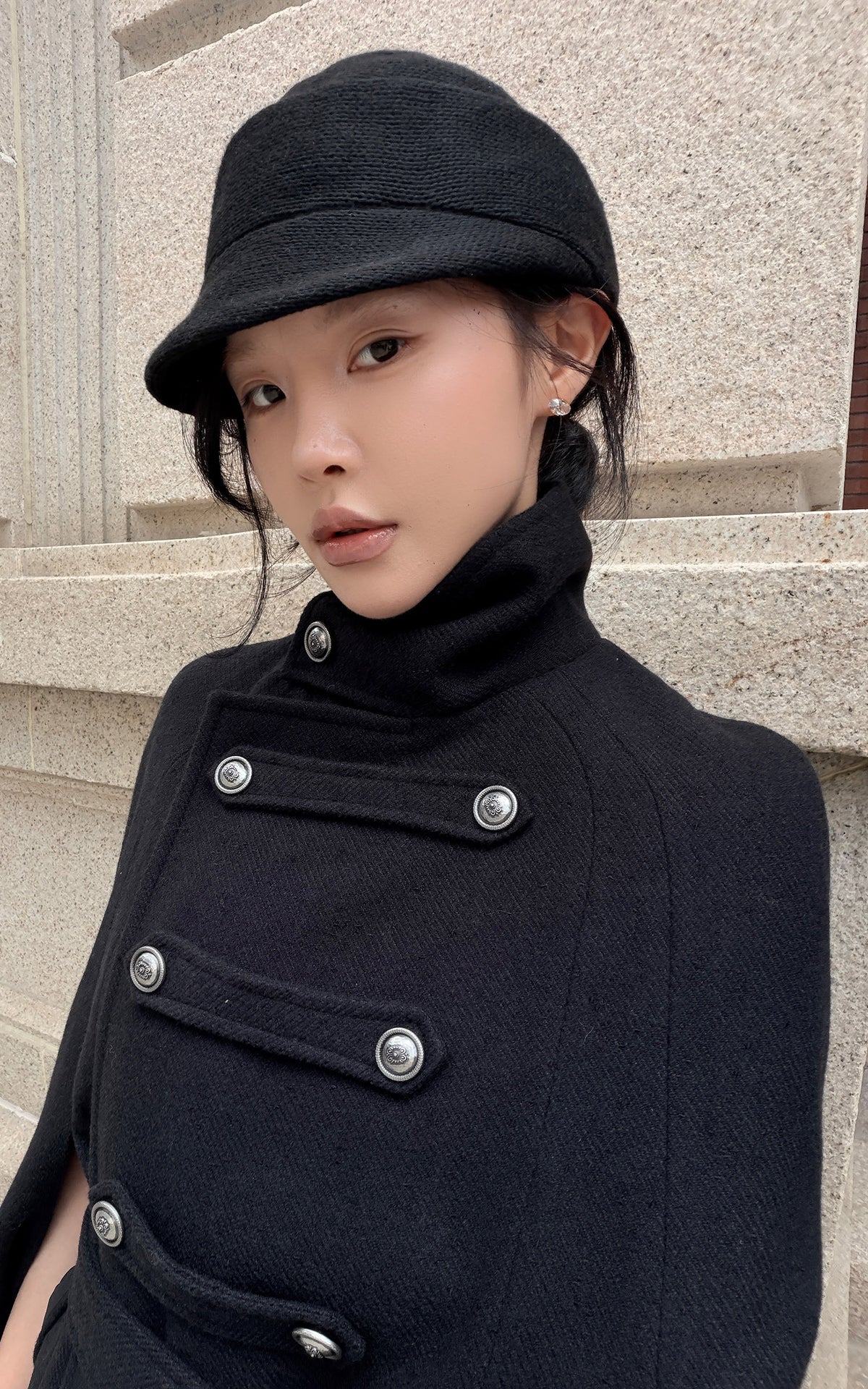 Hydrae Military Inspired Wool Cape Coat With Double Breasted Button Detailing