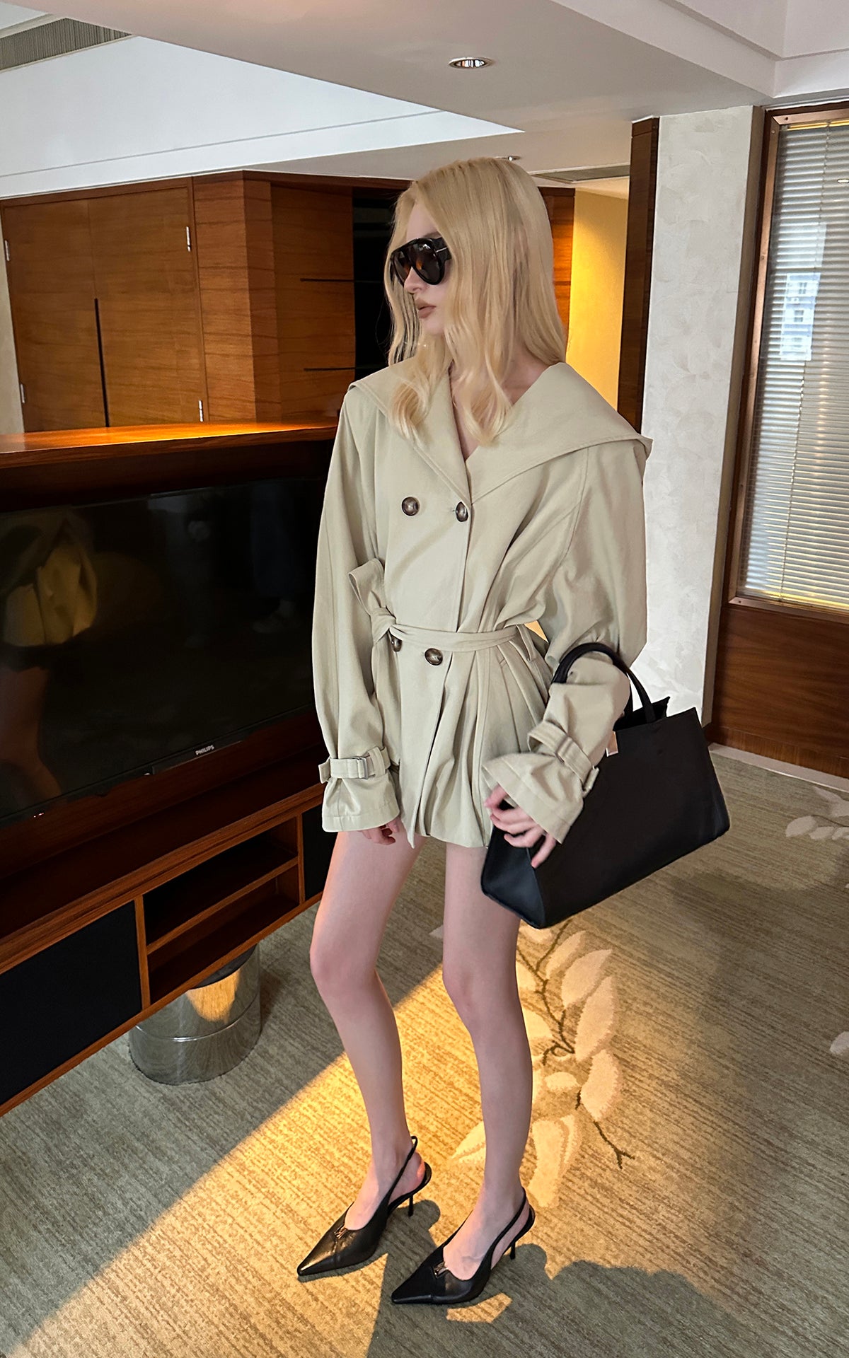 0122stepll Hooded Belted Trench Jacket