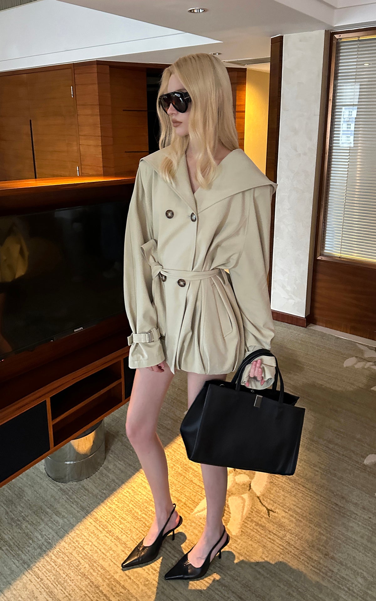 0122stepll Hooded Belted Trench Jacket