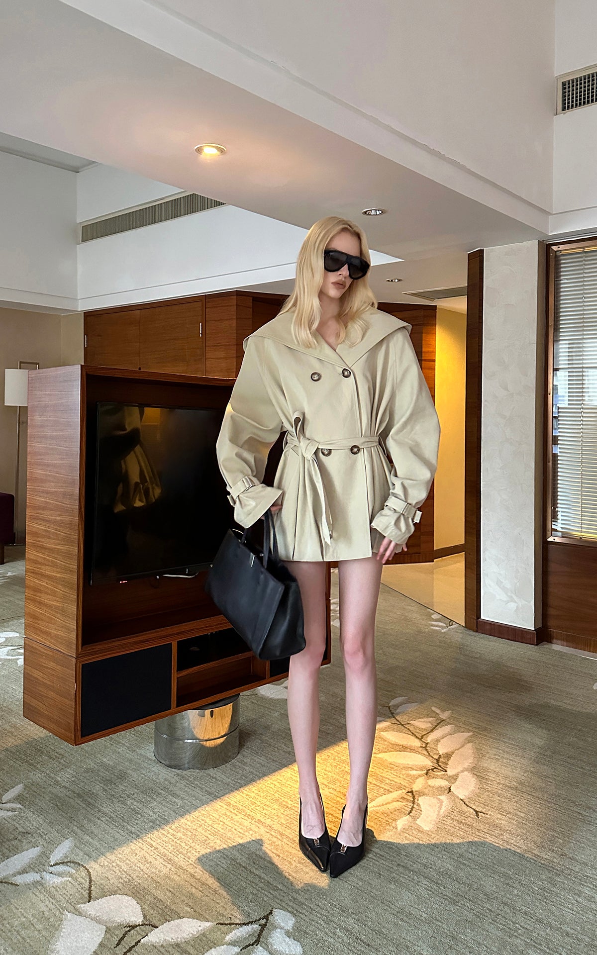 0122stepll Hooded Belted Trench Jacket