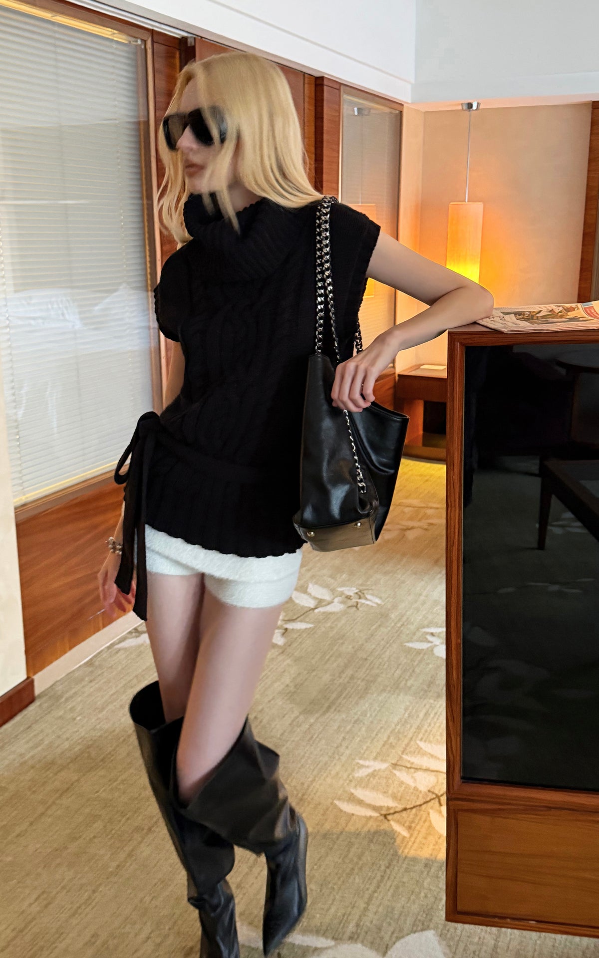 0122stepll Deconstructed Cable Knit Belted Turtleneck Vest