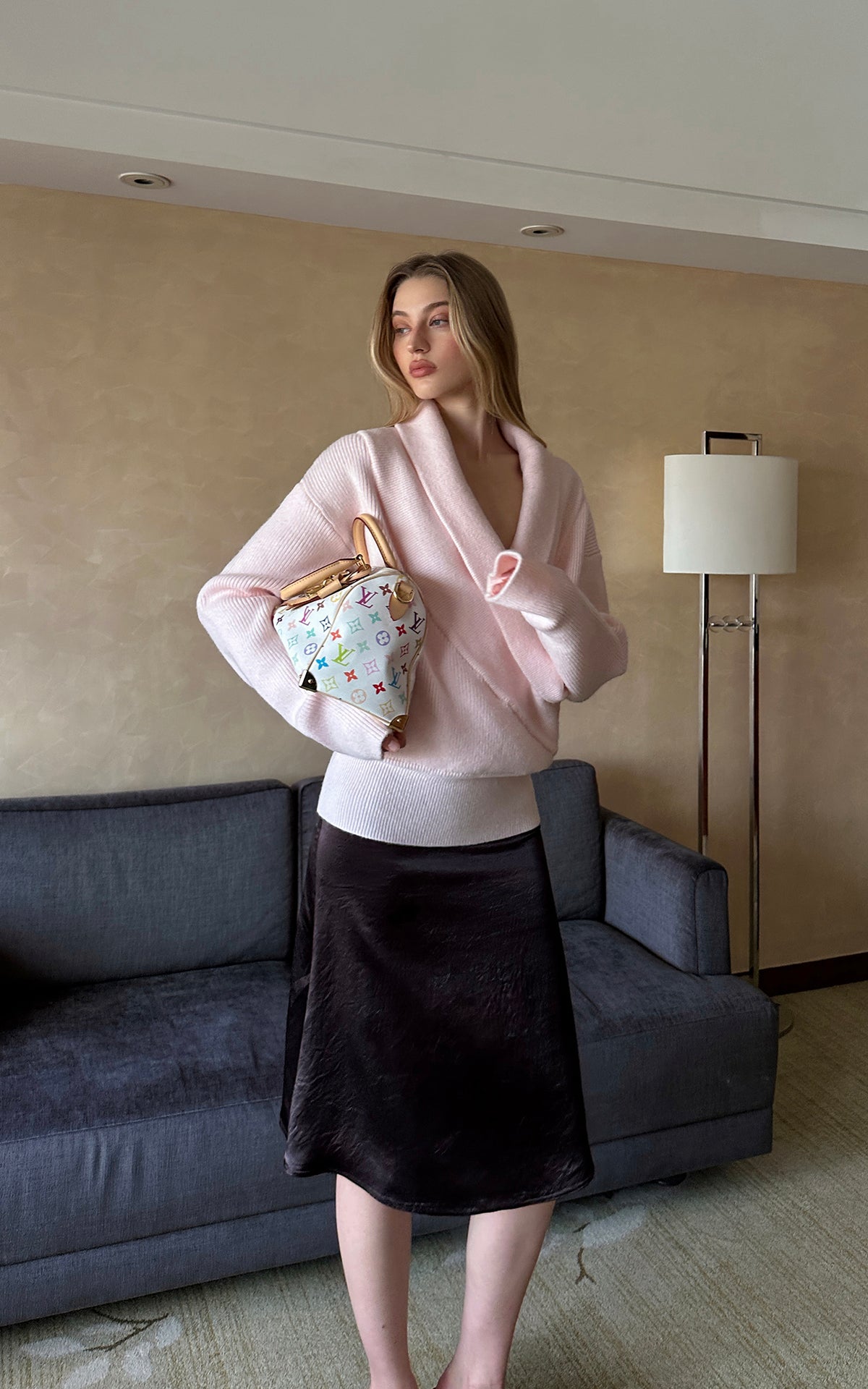 0122stepll Pull en maille à devant croisé drapé