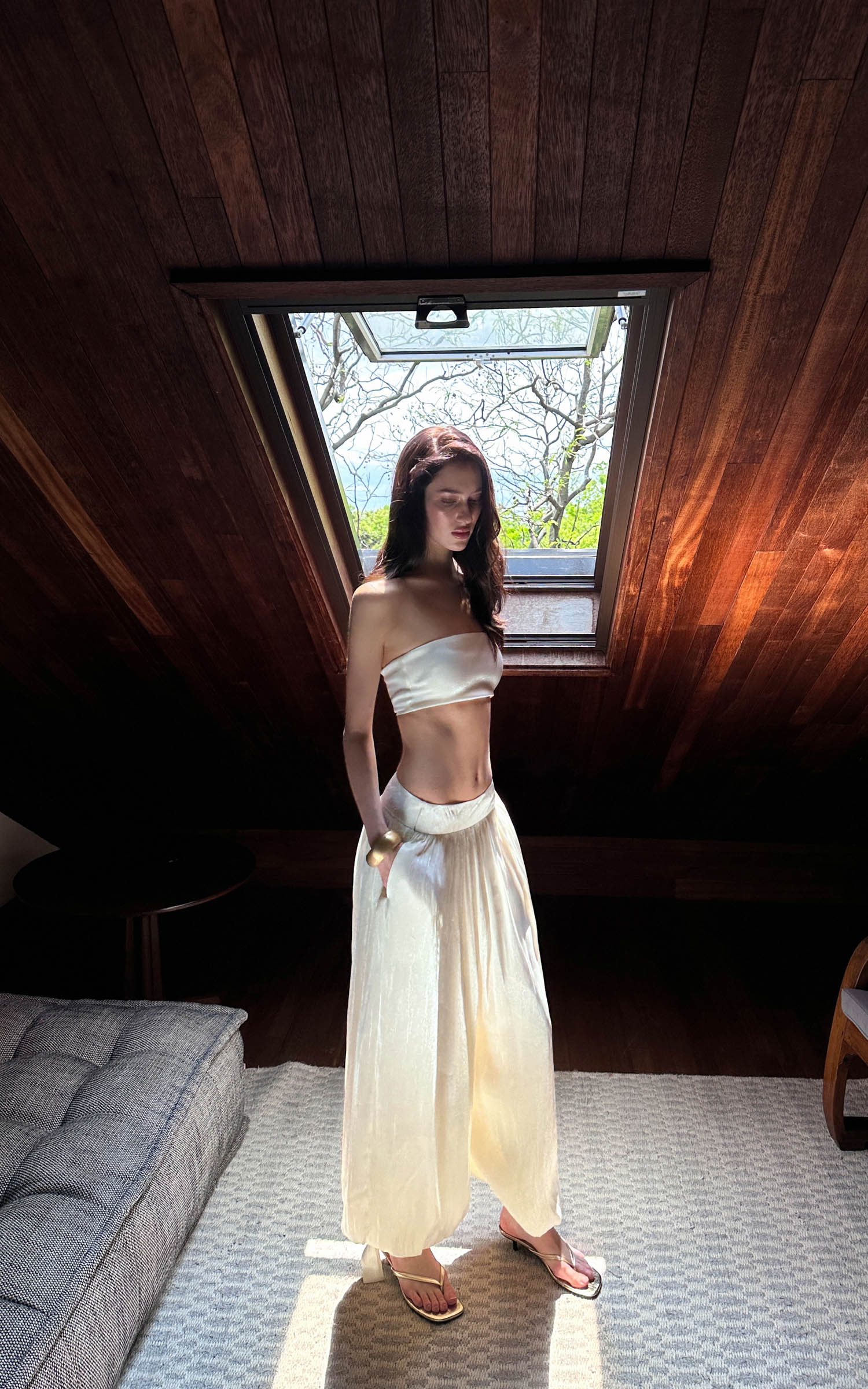0122stepll Strapless Bandeau Top &amp; Low-Rise Balloon Pants Set