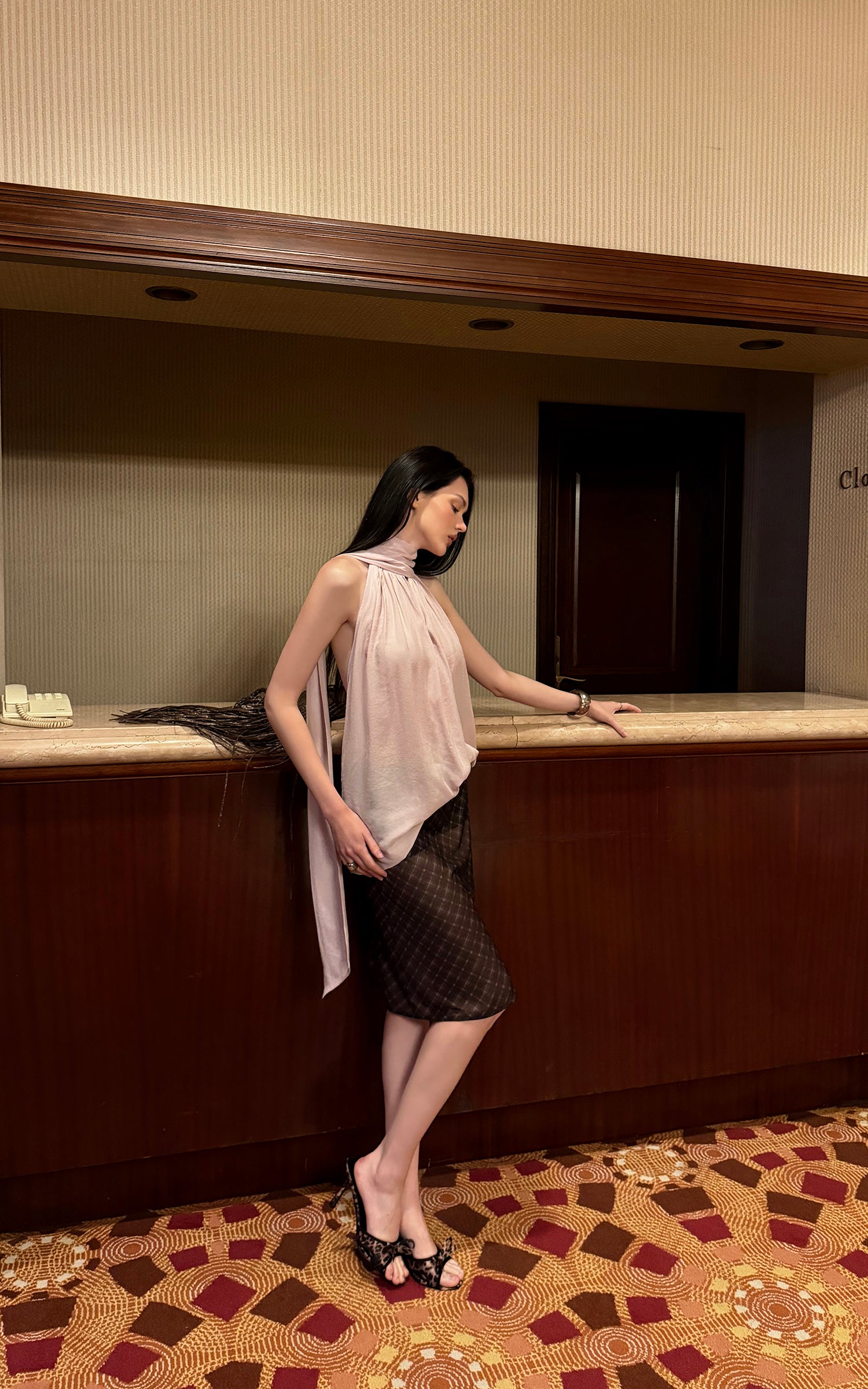 0122stepll Sheer Checkered Mesh Midi Skirt