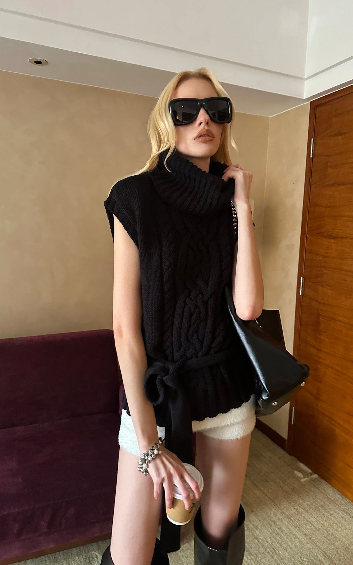 0122stepll Deconstructed Cable Knit Belted Turtleneck Vest